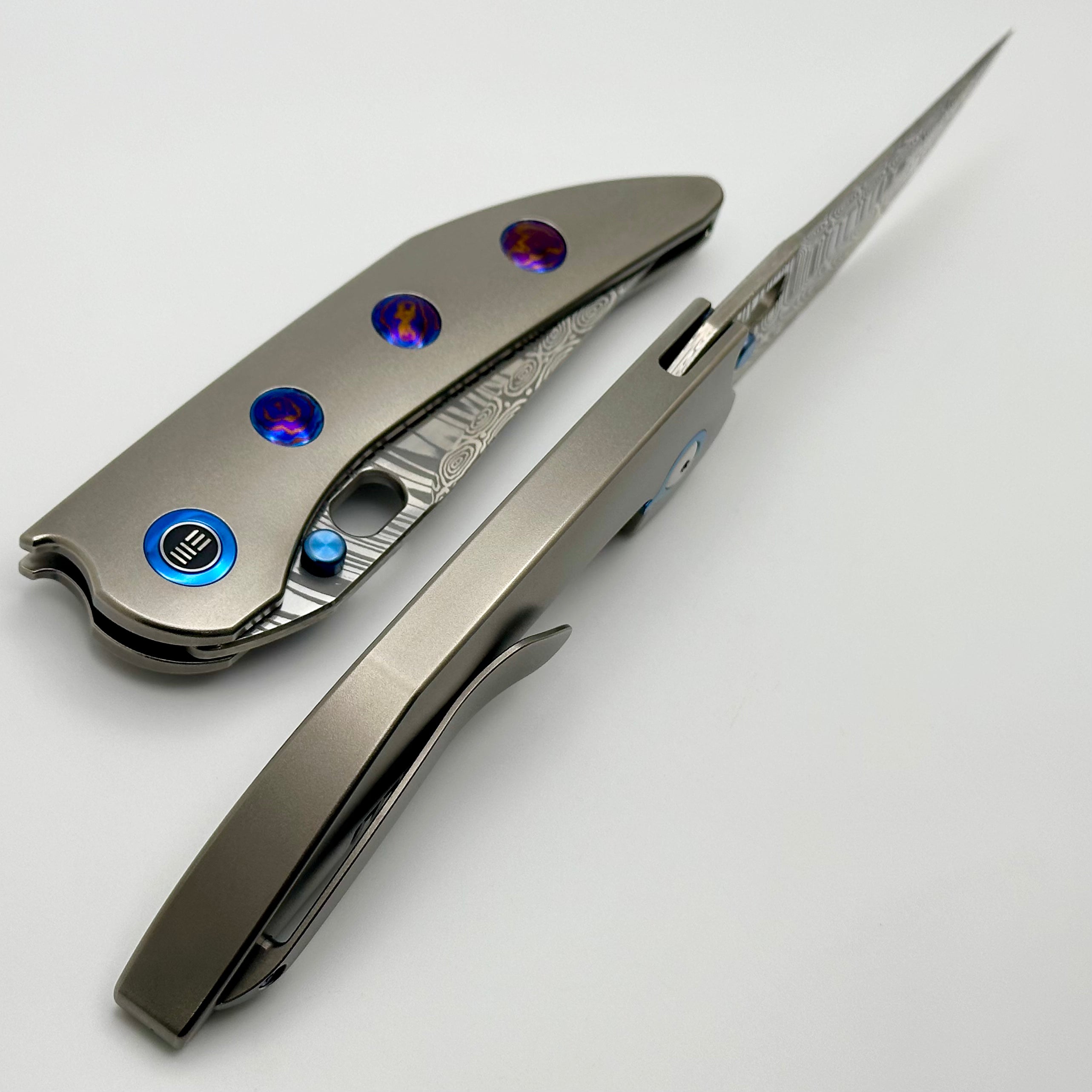 We Knife Attor Polished Bead Blasted Titanium Integral Handle w/ Timascus Inlays & Damasteel WE23037-DS1