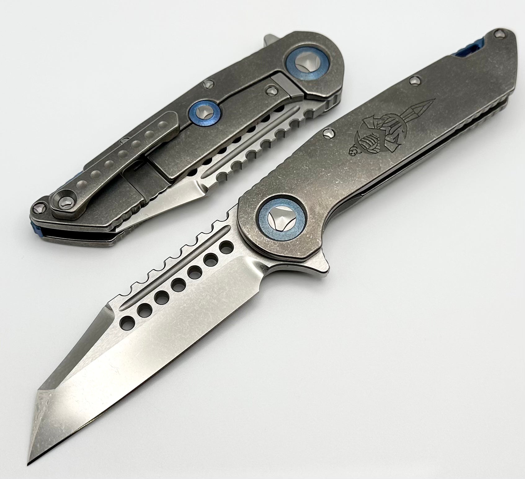 Marfione Custom Knives Warhound Stonewash Titanium w/ Deep Engraved Dagger Relief & Two Tone Stonewash Semi Mirror CTS-204P w/ Blue Accents