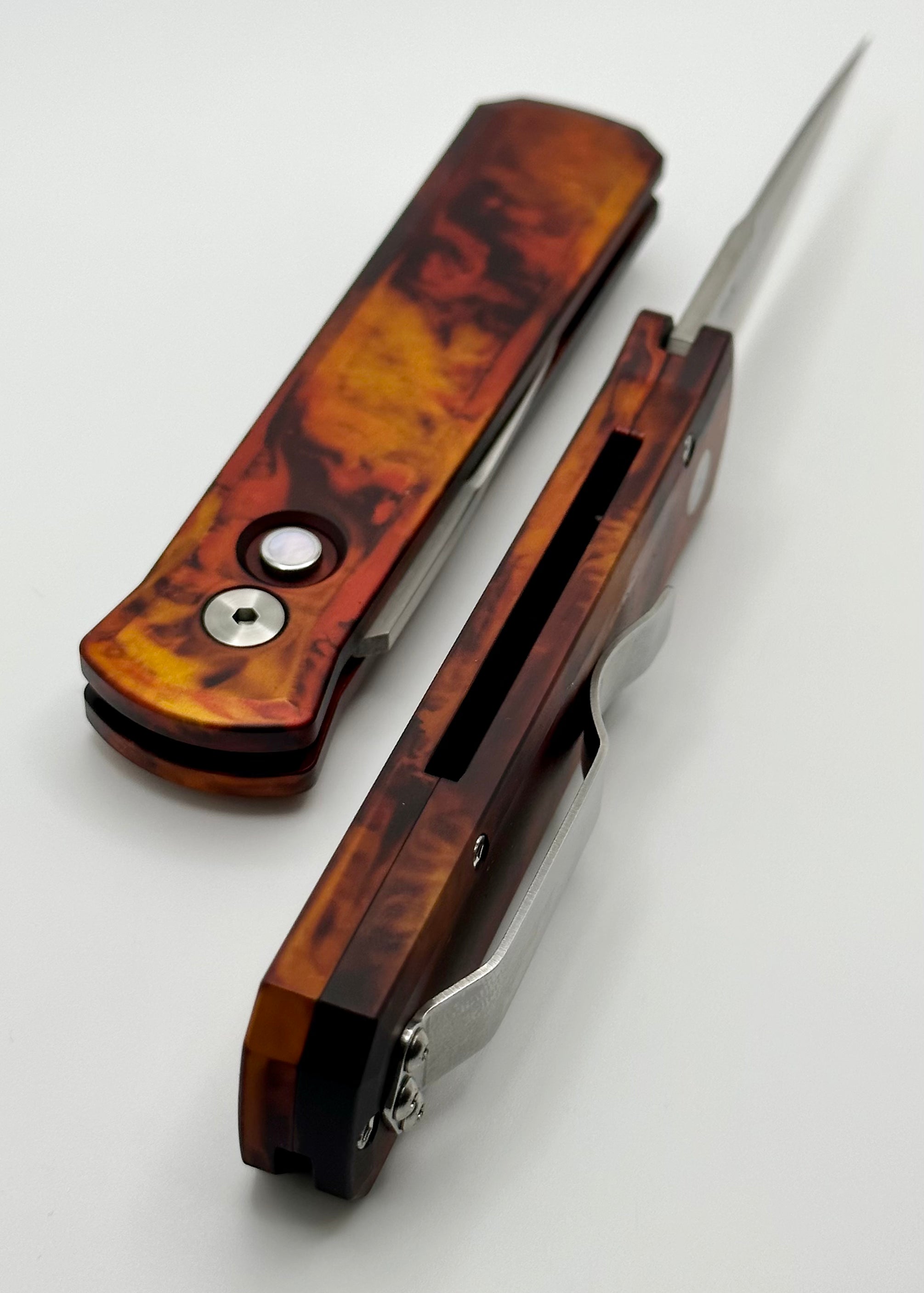 Pro-Tech Godson Del Fuego Custom Anodized Handle w/ Mother of Pearl Button & Satin 154-CM Blade 721 DF1