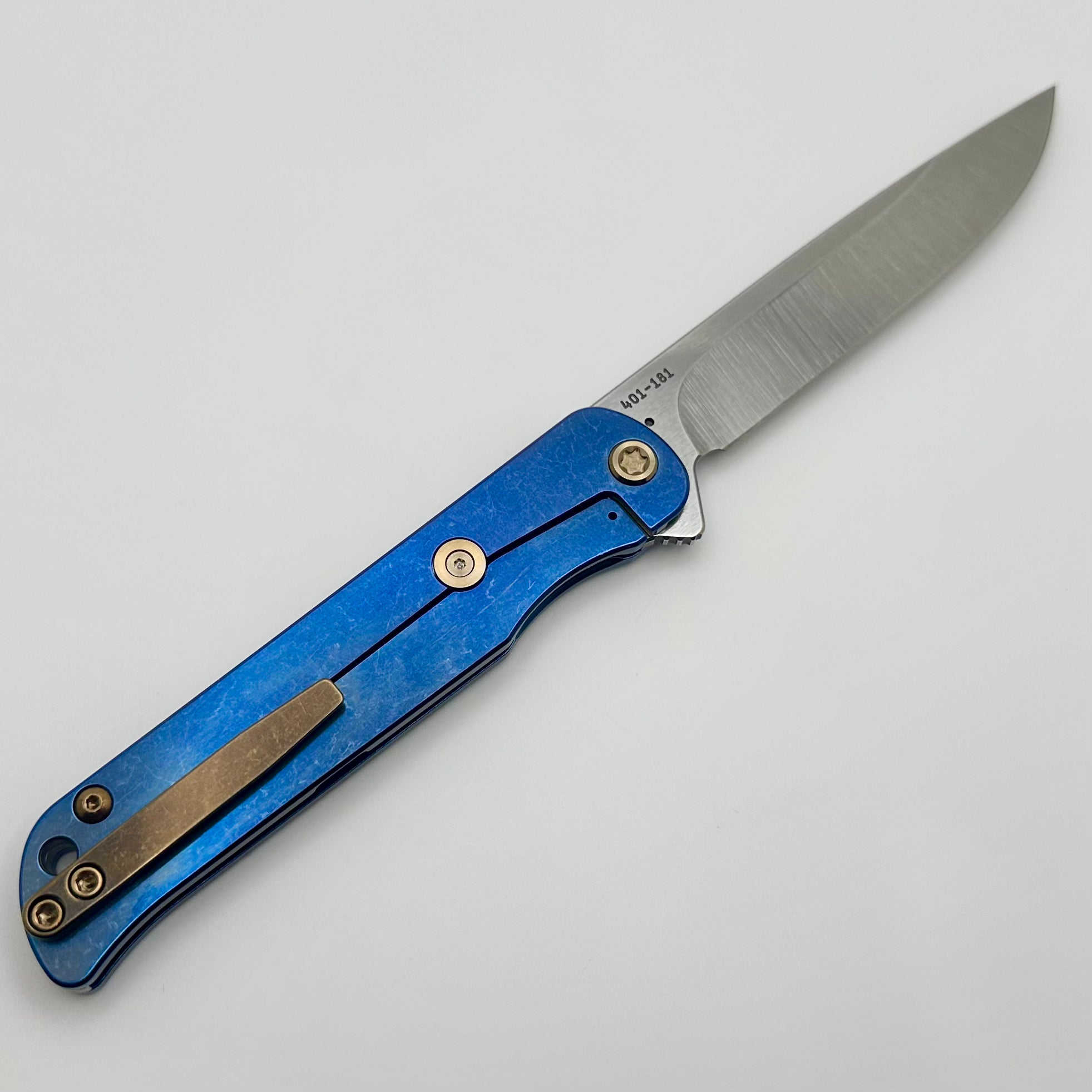 Medford T-Bone Blue Tumbled Titanium Framelock Flipper w/ Mosaic Inlaid Handles & Bronze Hardware w/ Tumbled S45VN Drop Point