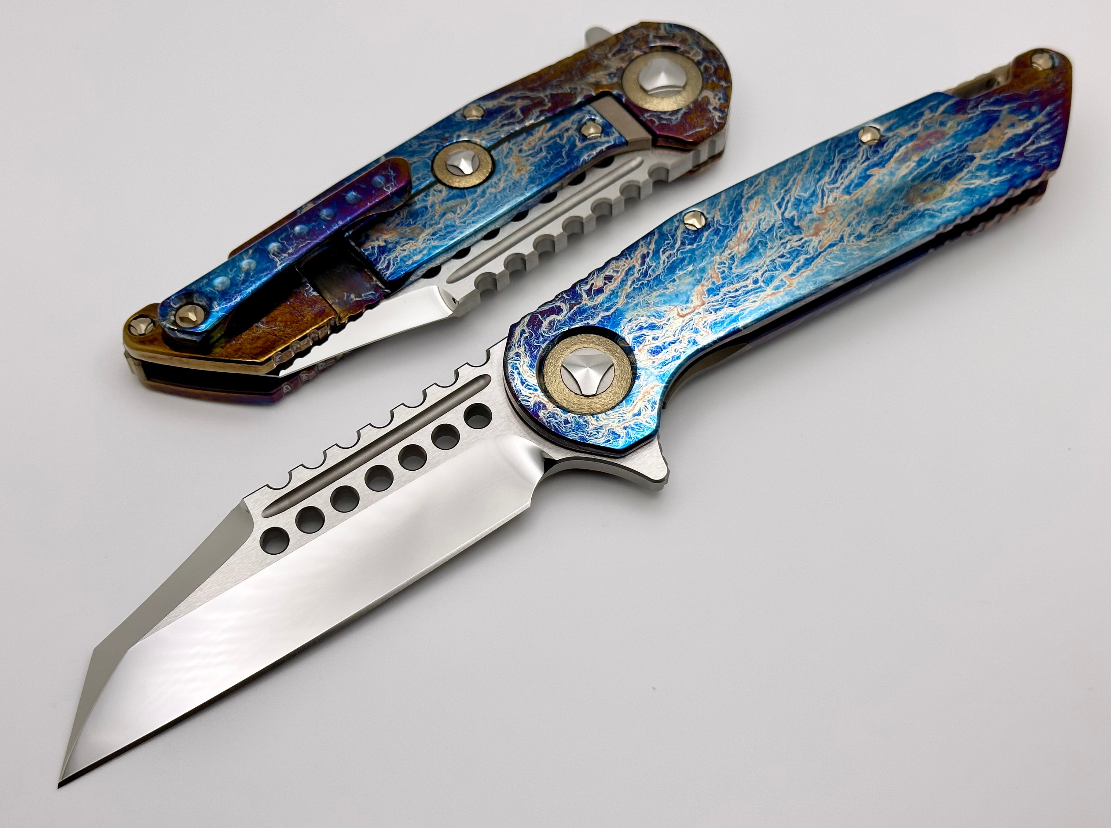 Marfione Custom Knives Warhound Mirror Polish & Galatic Acid Titanium Handles w/ Bronze Titanium Hardware