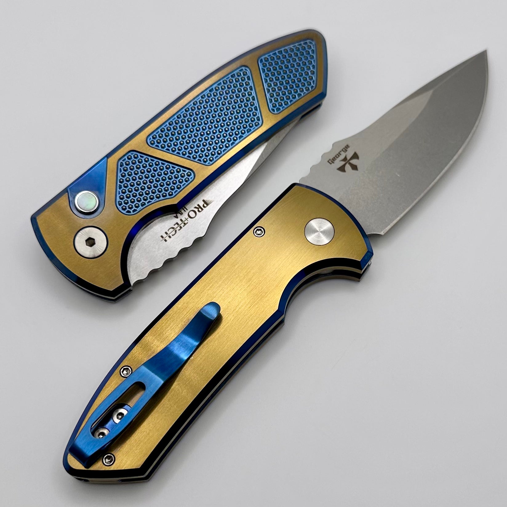 Pro-Tech SBR Short Bladed Rockeye Two Tone Blue/Bronze Knurled Titanium  Handle & Pearl Button w/ Stonewash S35 2023 SBR Custom 006