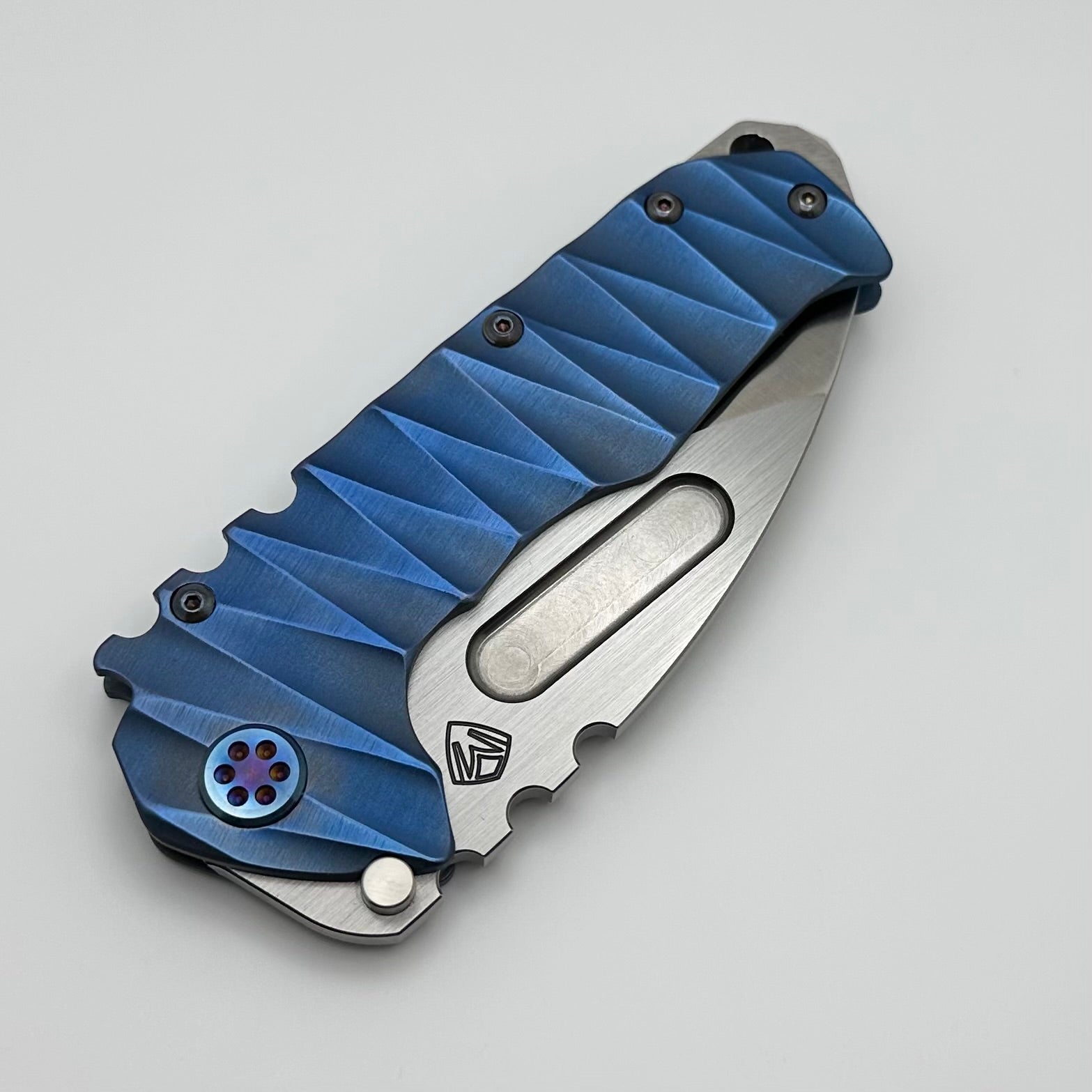 Medford Knife Praetorian T Drop Point Tumbled S45 & Bead Blast/Blue Lightning Handles w/ Flamed Hardware/Clip