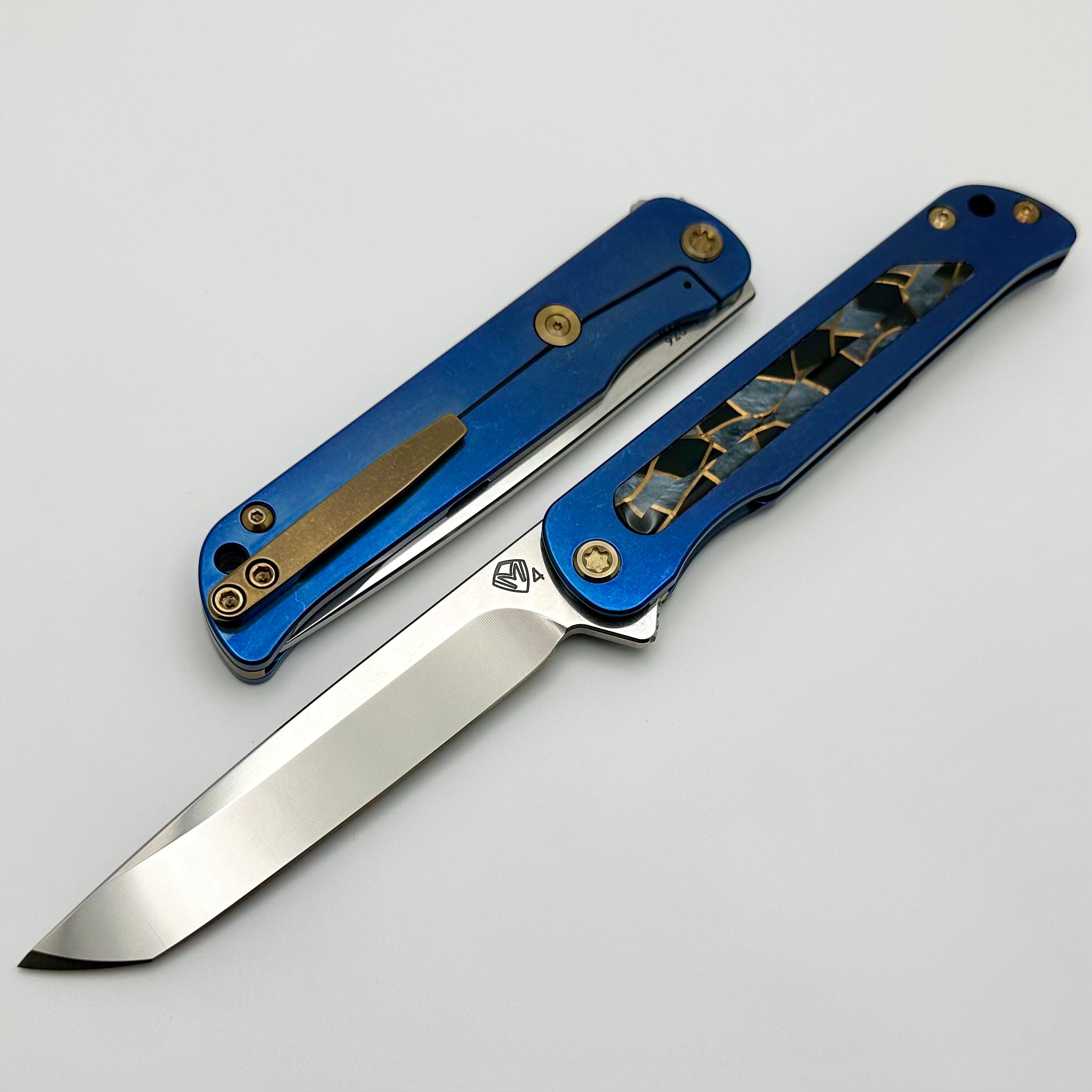 Medford T-Bone Blue Tumbled Titanium Framelock Flipper w/ Mosaic Inlaid Handles & Bronze Hardware w/ Tumbled S45VN Tanto Blade