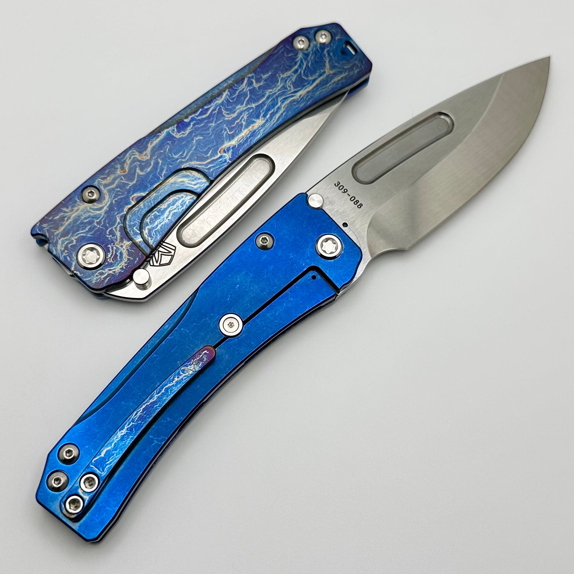 Medford Knife Slim Midi Tumbled Flat Ground Drop Point S45 & Acid Etch Flamed/Blue Tumbled Handles