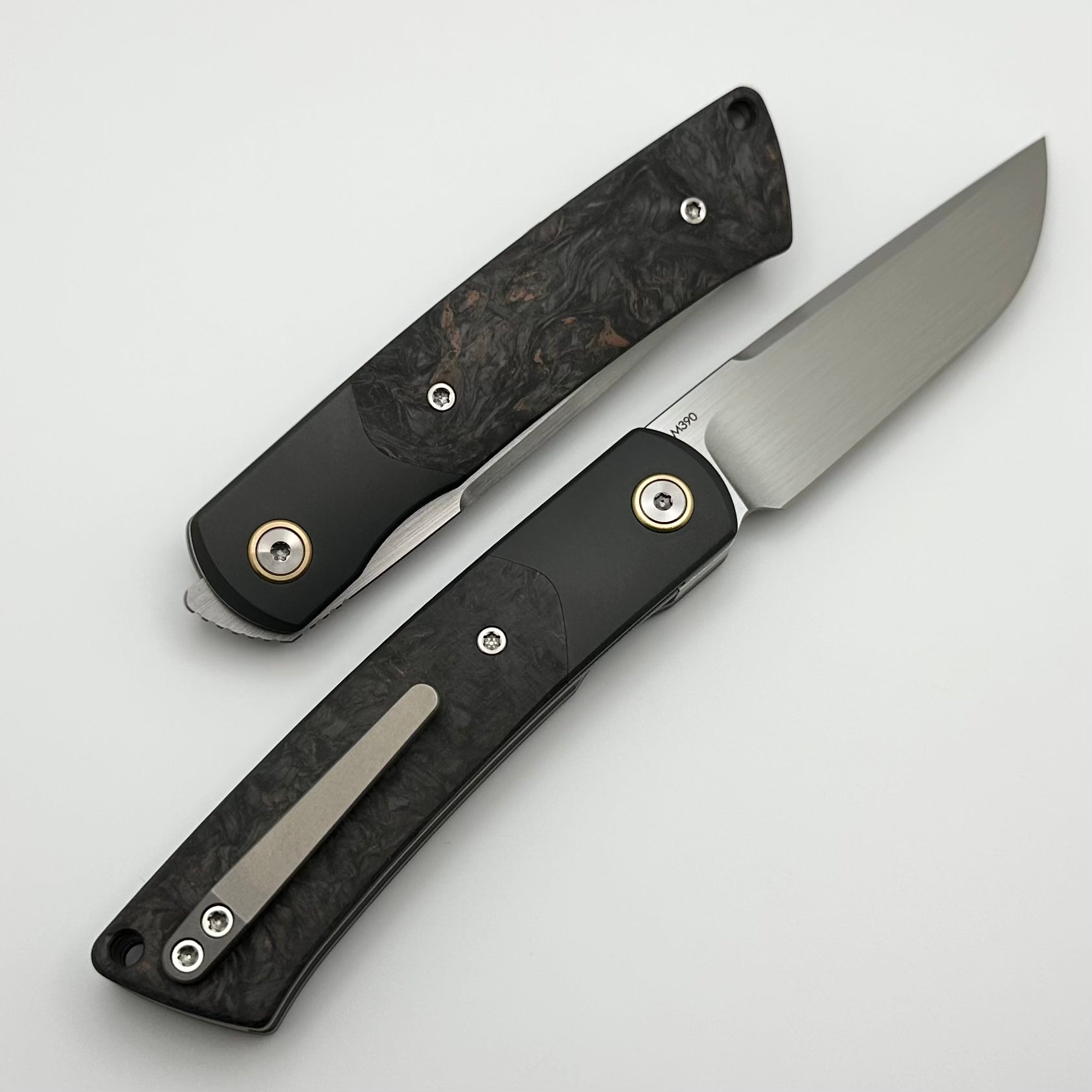 Reate Knives Tribute w/ Zirconium Bolsters & Dark Matter Copper Fat Carbon w/ Hand Satin M390