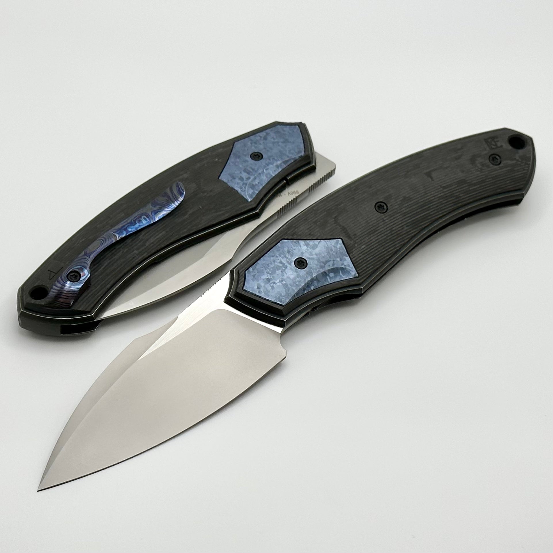 Custom Knife Factory Davless Carbon Fiber & Blue Crystal Ti w/ CKF Wash S90V