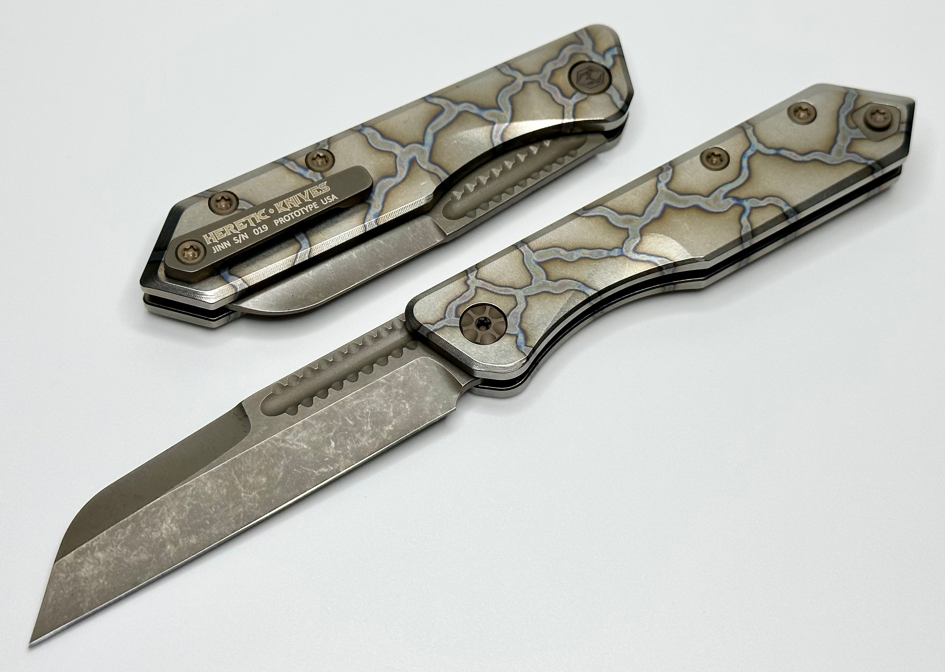 Heretic Knives Jinn Prototype Flamed Titanium w/ Bronze Accents & Hand Ground Battle Bronze Magnacut