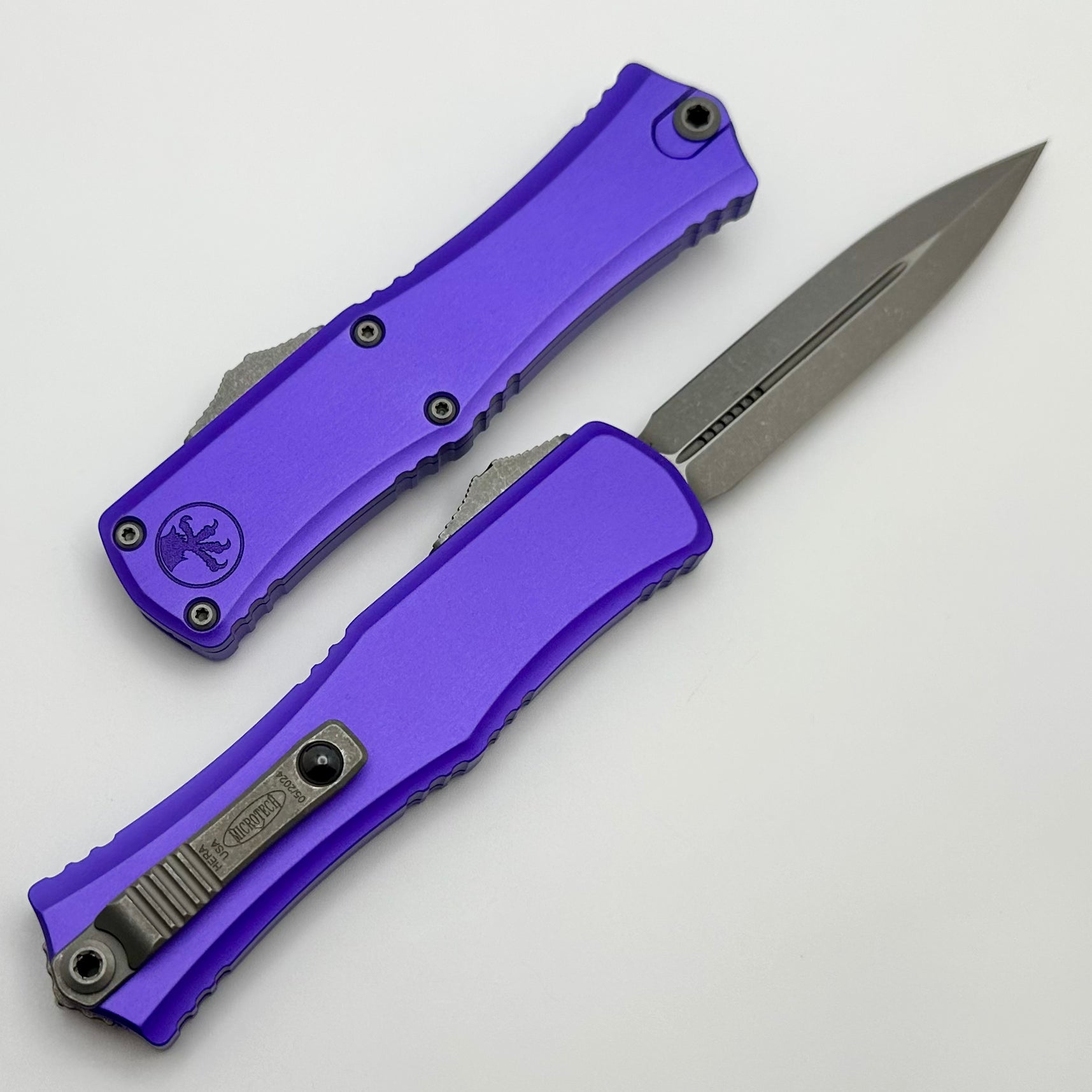 Microtech Knives Mini Hera Apocalyptic Double Edge M390MK w/ Purple Handle 1702M-10APPU