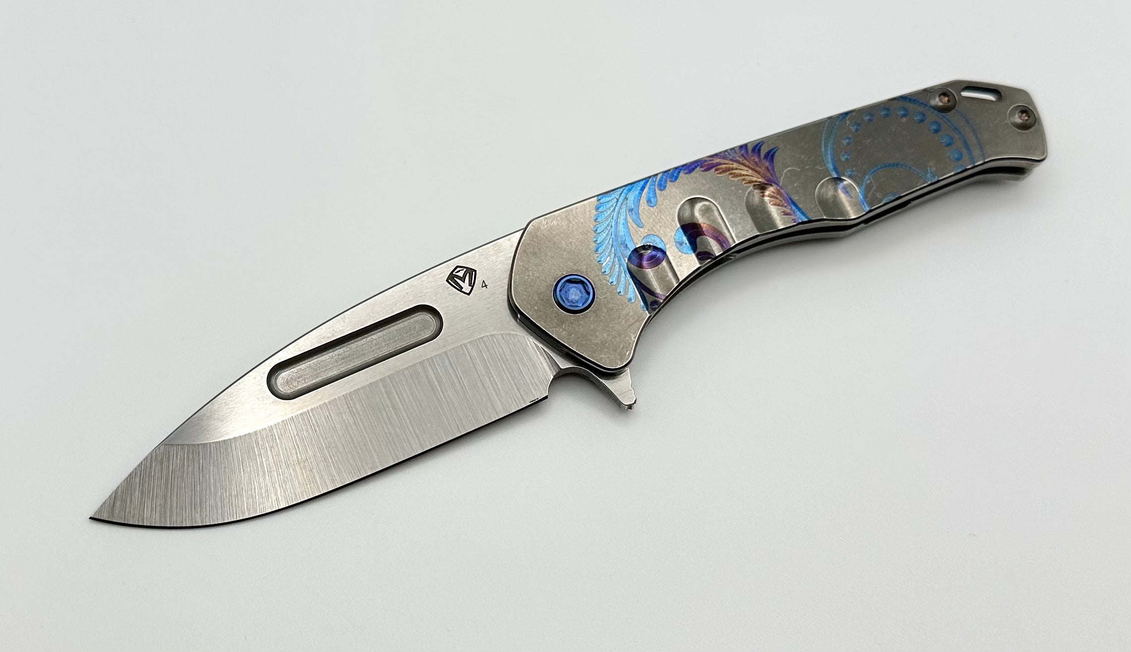 Medford Praetorian Slim Flipper S45VN Tumbled Drop Point & Tumbled Roman Laurel Leaf Handles w/ Blue Hardware/Clip