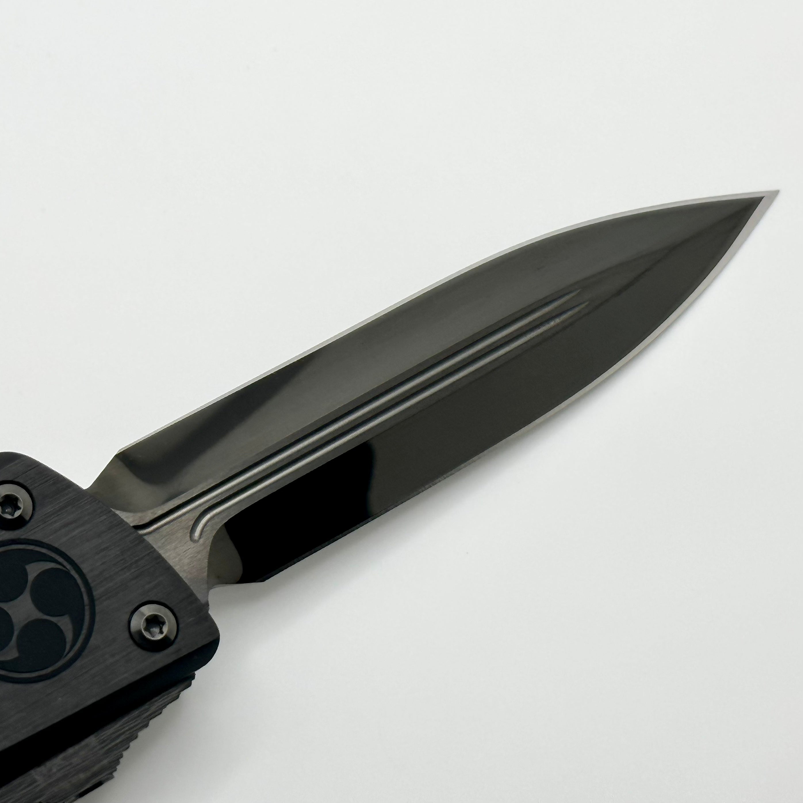 Marfione Custom Knives Combat Troodon O-YARI DLC Diamondwash Chisel Milled Double Edge w/ Carbon Fiber Button & Hefted Black Handle w/ Deep Engraved War Crests