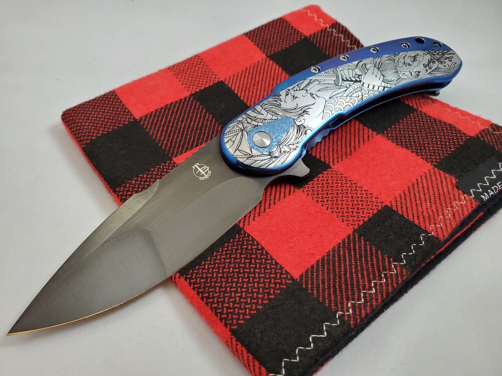 Todd Begg California Custom Shop Bodega Engraved Dragon Lady Blue N690 Compound Grind Blade