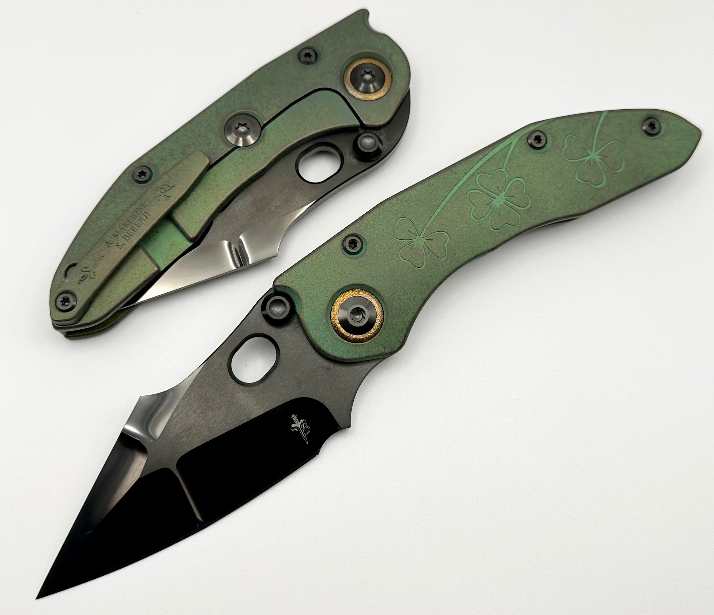 Marfione Custom Knives & Borka Blades Antique Green Lucky Stitch w/ DLC Diamond Wash Double Star Grind M390 & Antique Green Engraved Titanium