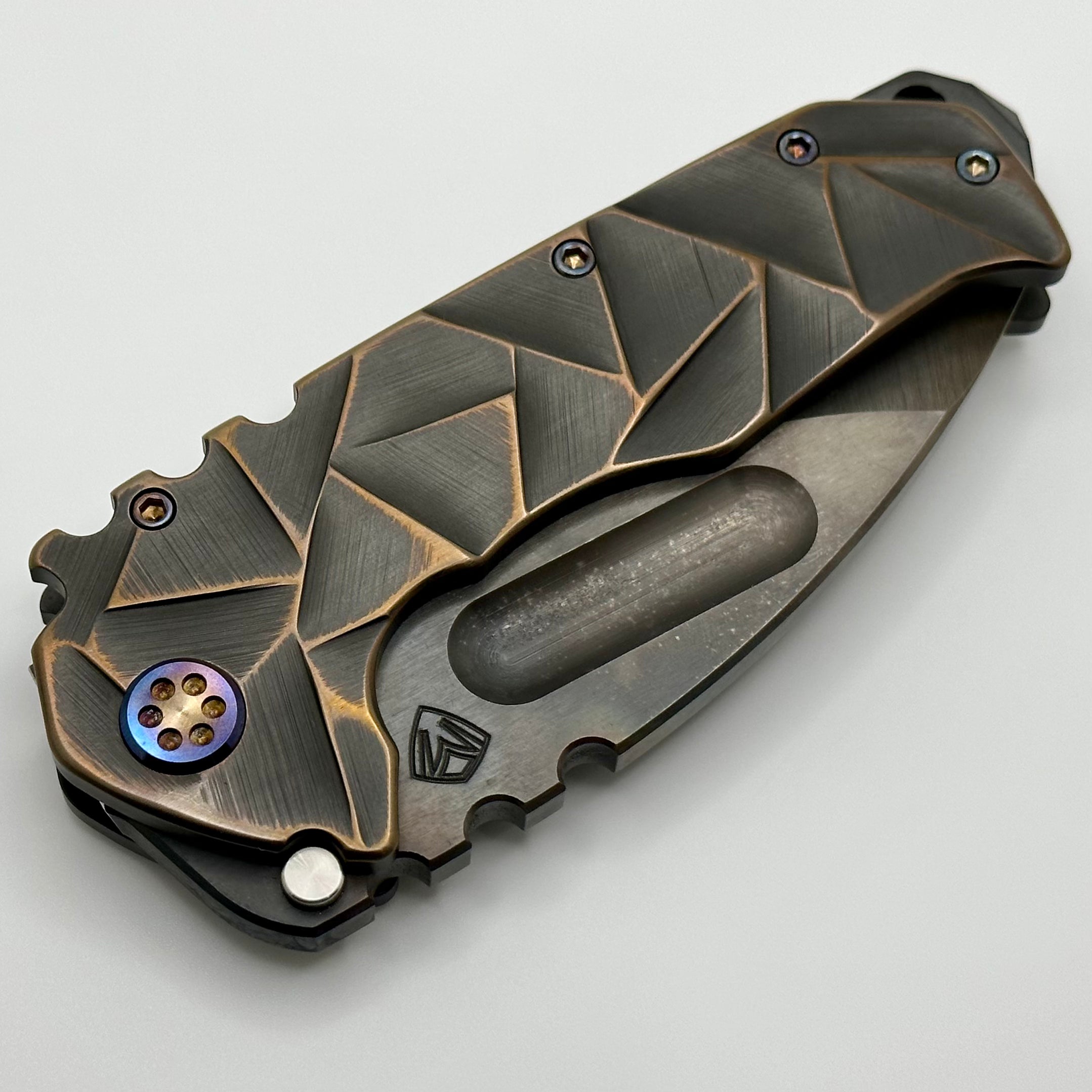 Medford Knife Praetorian TI 3V Vulcan Drop Point & Black/CuRose Stained Glass Sculpting w/ Flamed Hardware/Clip