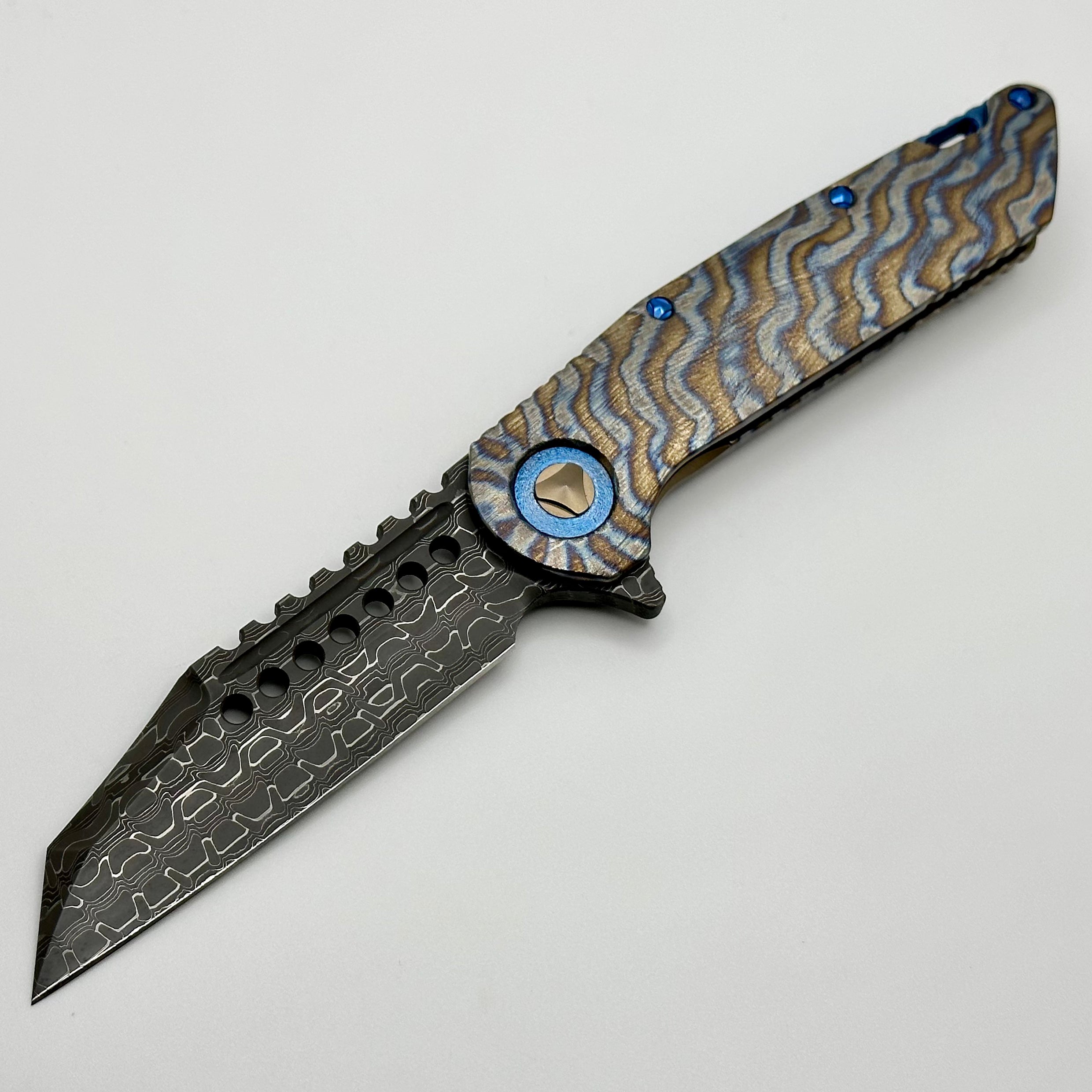 Marfione Custom Knives Warhound Flamed Barked Titanium w/ Blue Ti Hardware & Vegas Forge Stainless Reptilian Damascus Pattern #2