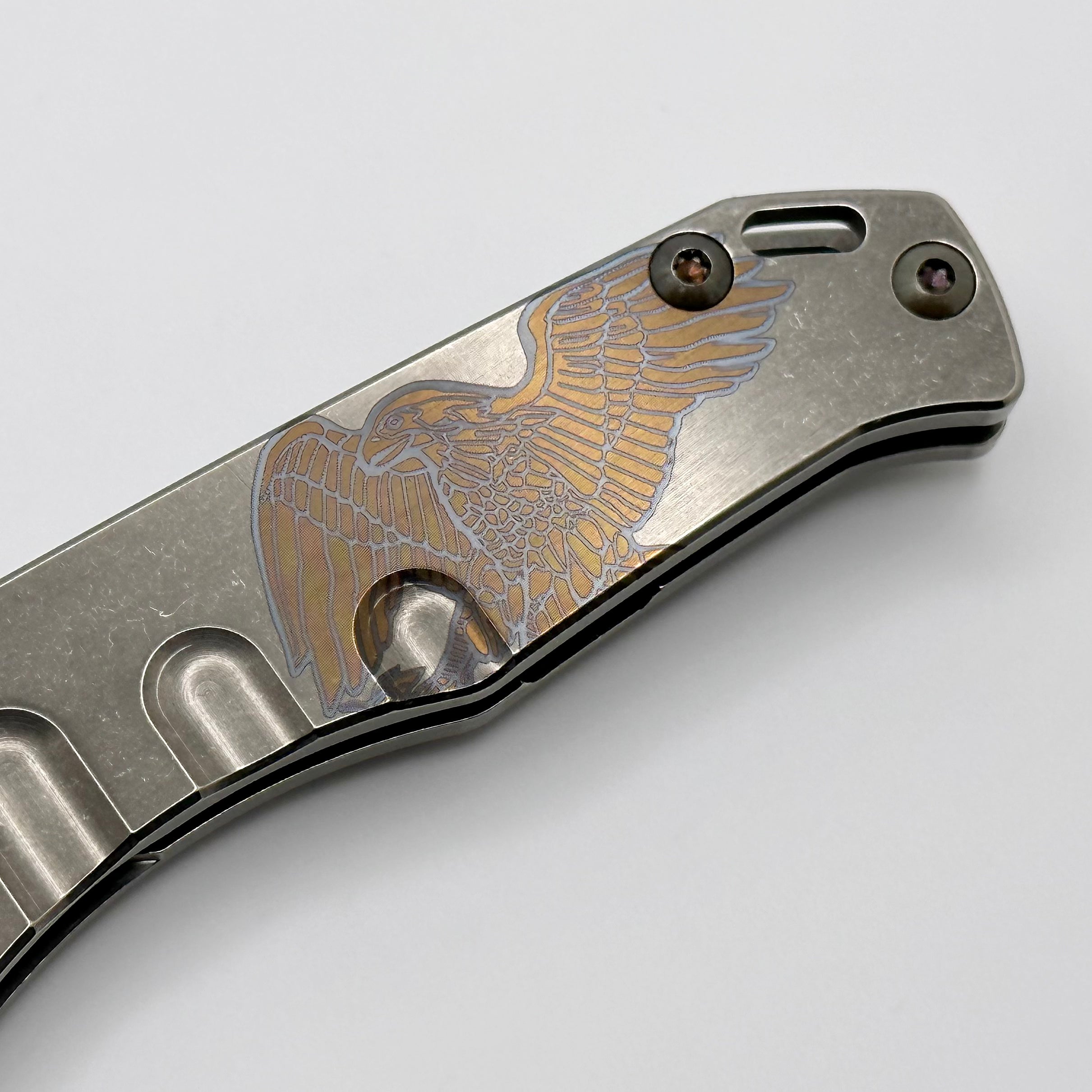 Medford Praetorian Slim S45VN Tumbled Tanto & Tumbled Patriotic Eagle Engraved Handles w/ Blue Hardware/Clip