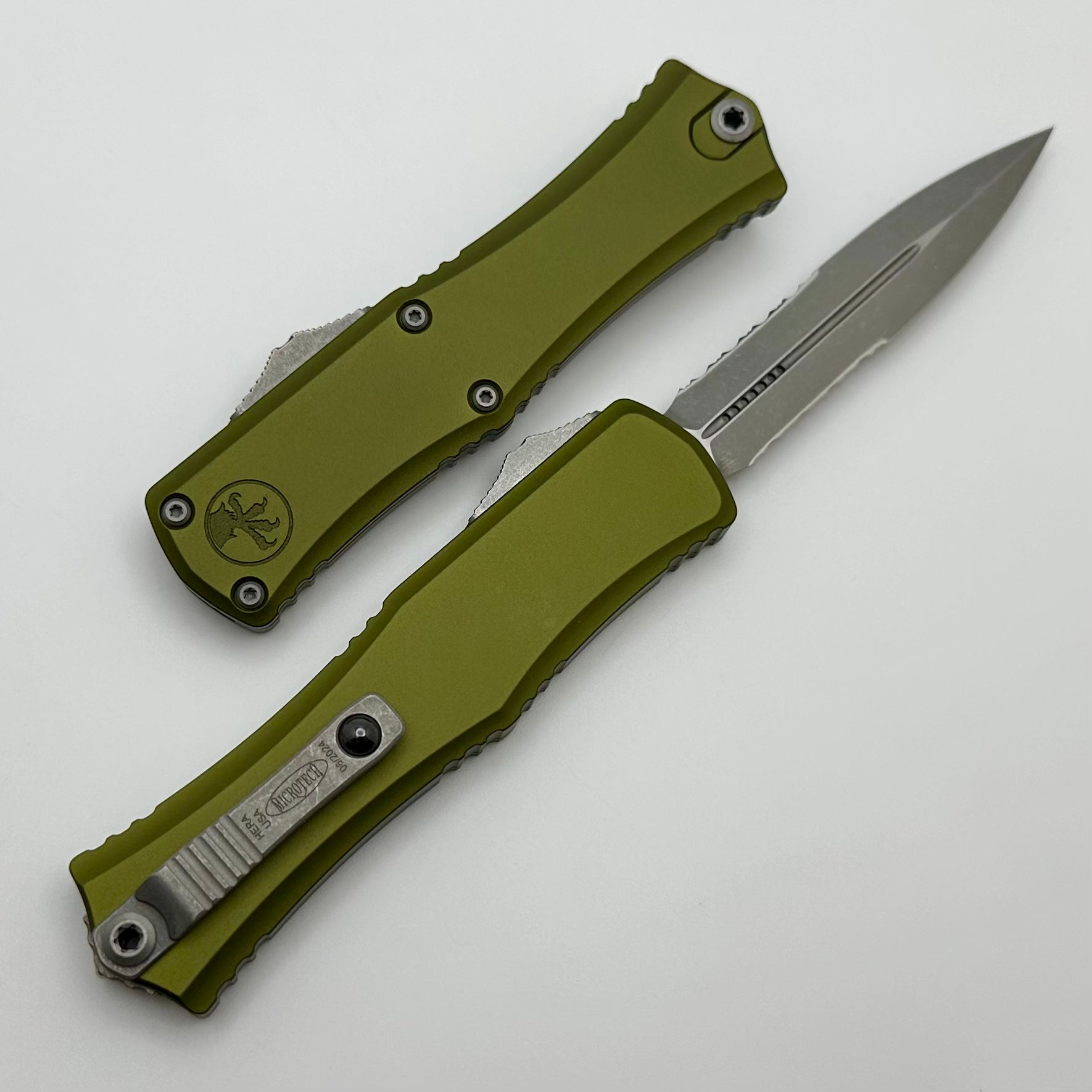 Microtech Knives Mini Hera Apocalyptic Partial Serrated Double Edge M390MK w/ OD Green Handle 1702M-11APOD