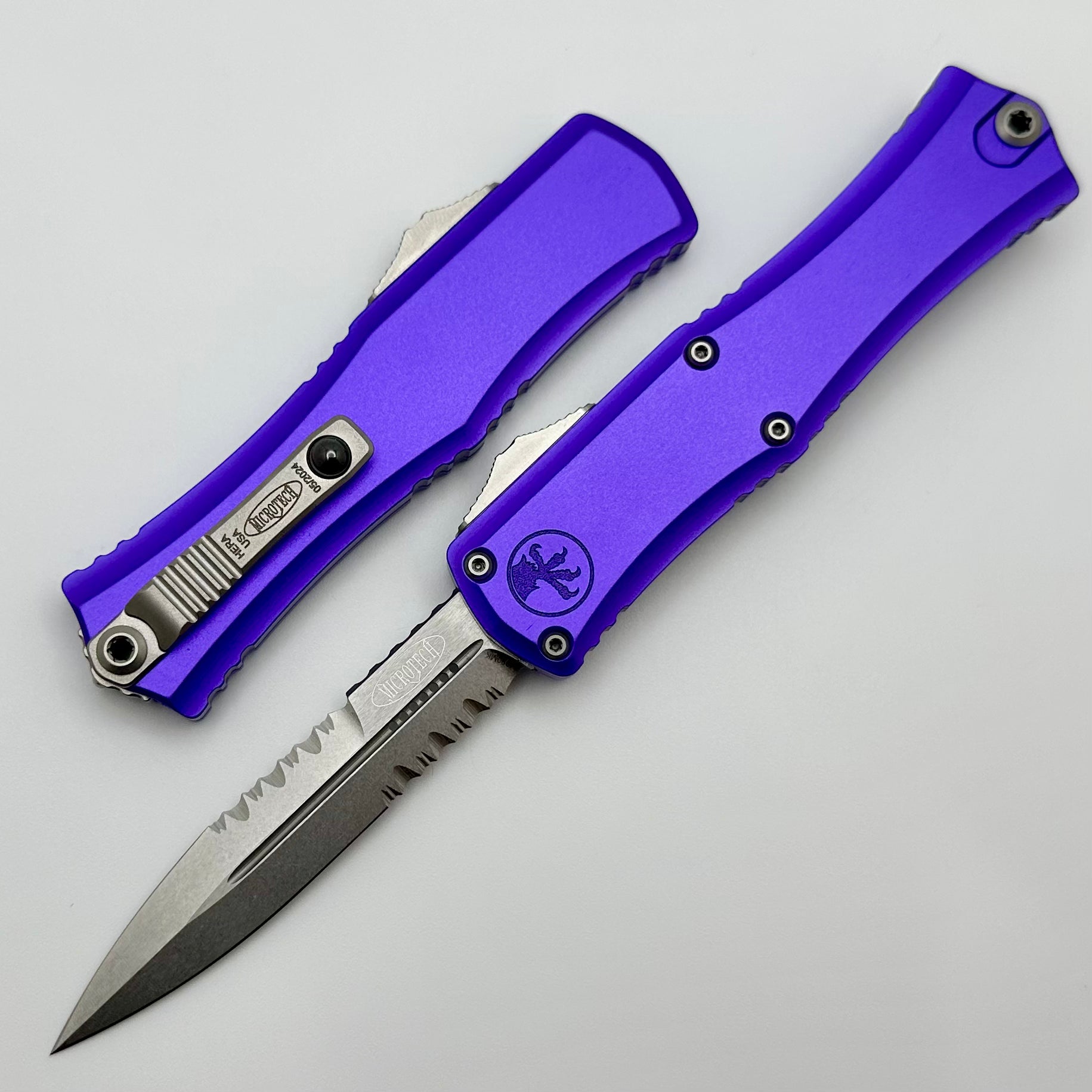 Microtech Knives Mini Hera Partial Serrated Stonewash Bayonet M390MK w/ Purple Handle 1701M-11PU