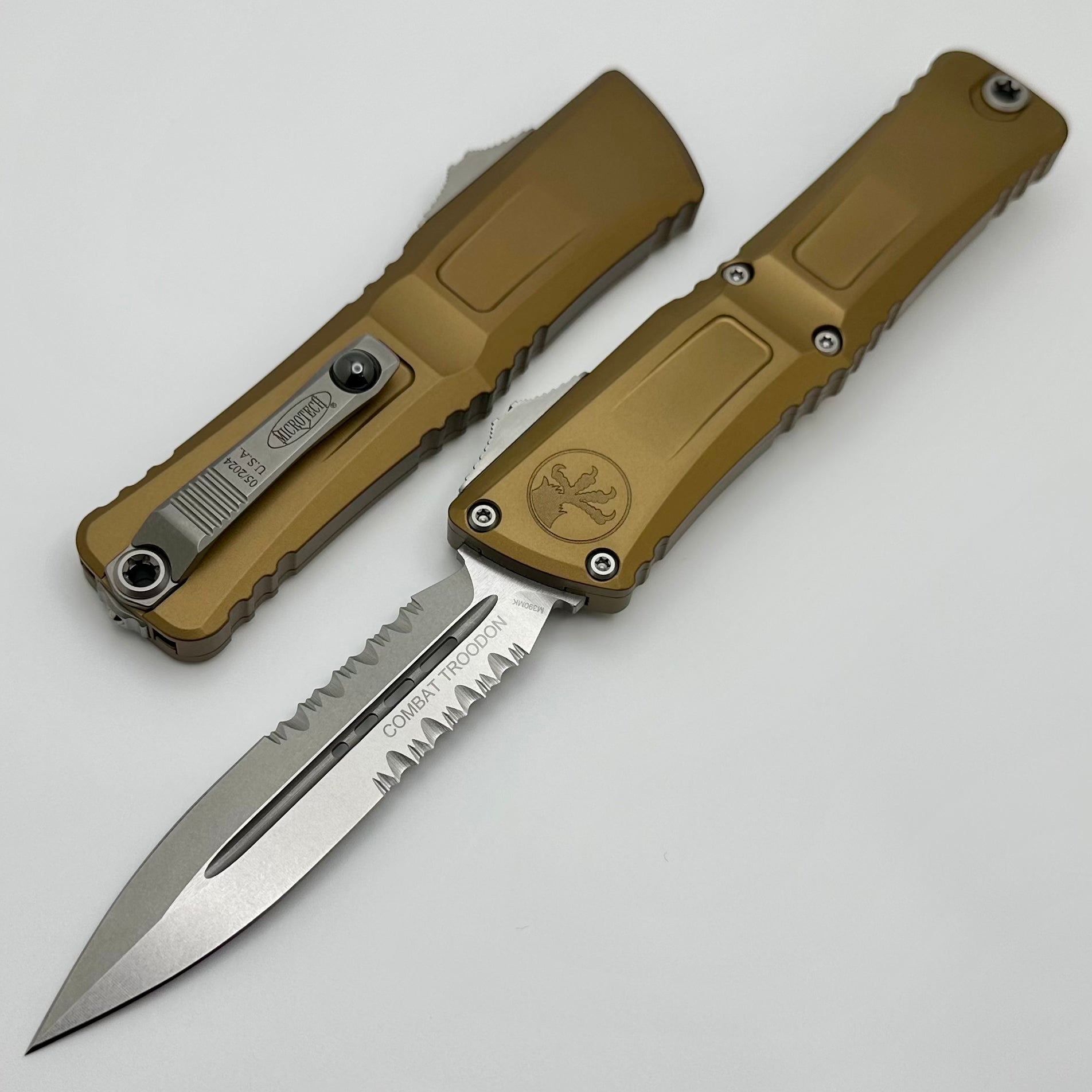 Microtech Knives Combat Troodon Gen III Stonewash D/E Partial Serrated w/ Tan Handle 1142-11TA