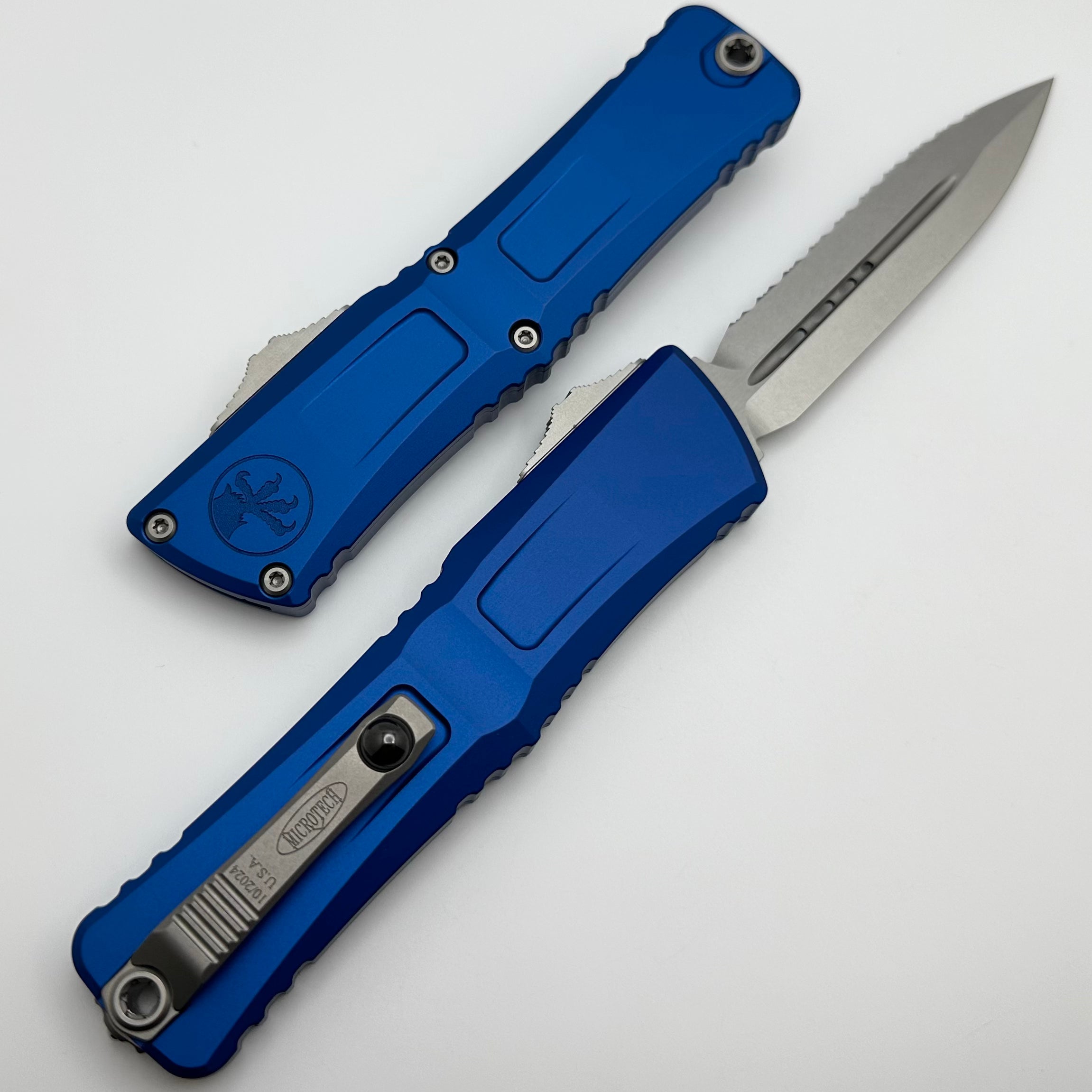 Microtech Knives Combat Troodon Gen III Stonewash Full Serrated Double Edge w/ Navy Blue Handle 1142-12NA