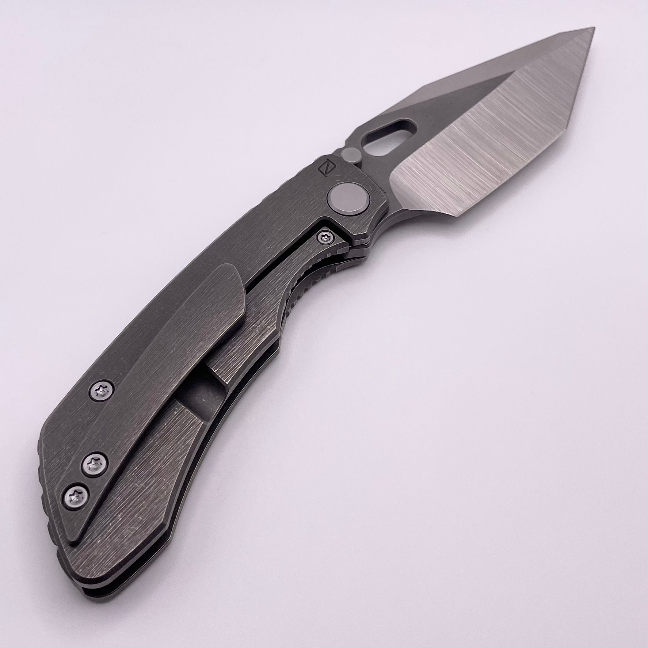 PRE OWNED Custom Knife Factory Rotten Design Evo T Machine Grind S90V w/ Tumbled Titanium Handles