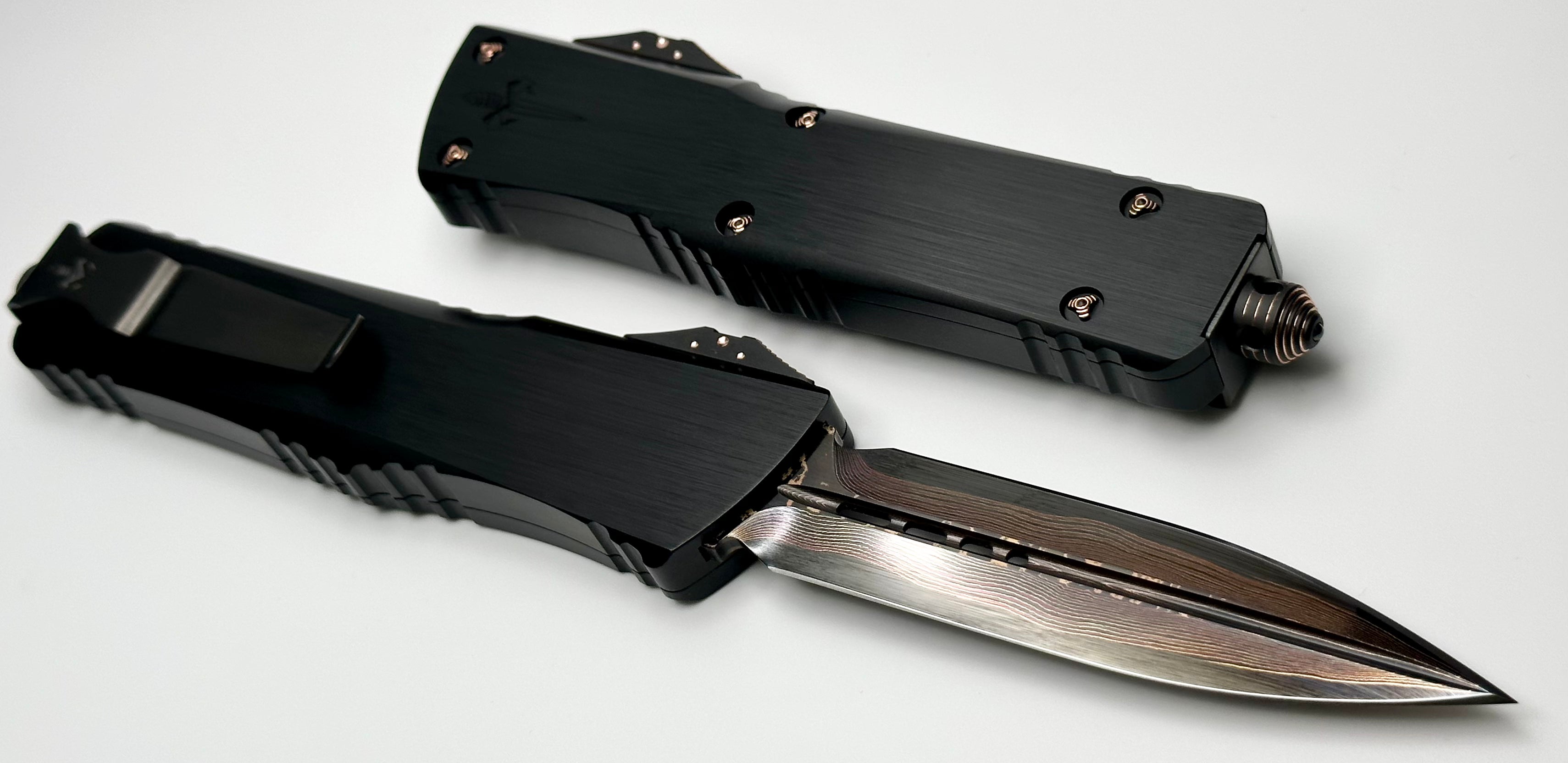 Marfione Custom Knives Combat Troodon D/E Tiger GoMai Blade w/ Hefted Black Handle & Copper Ringed Hardware