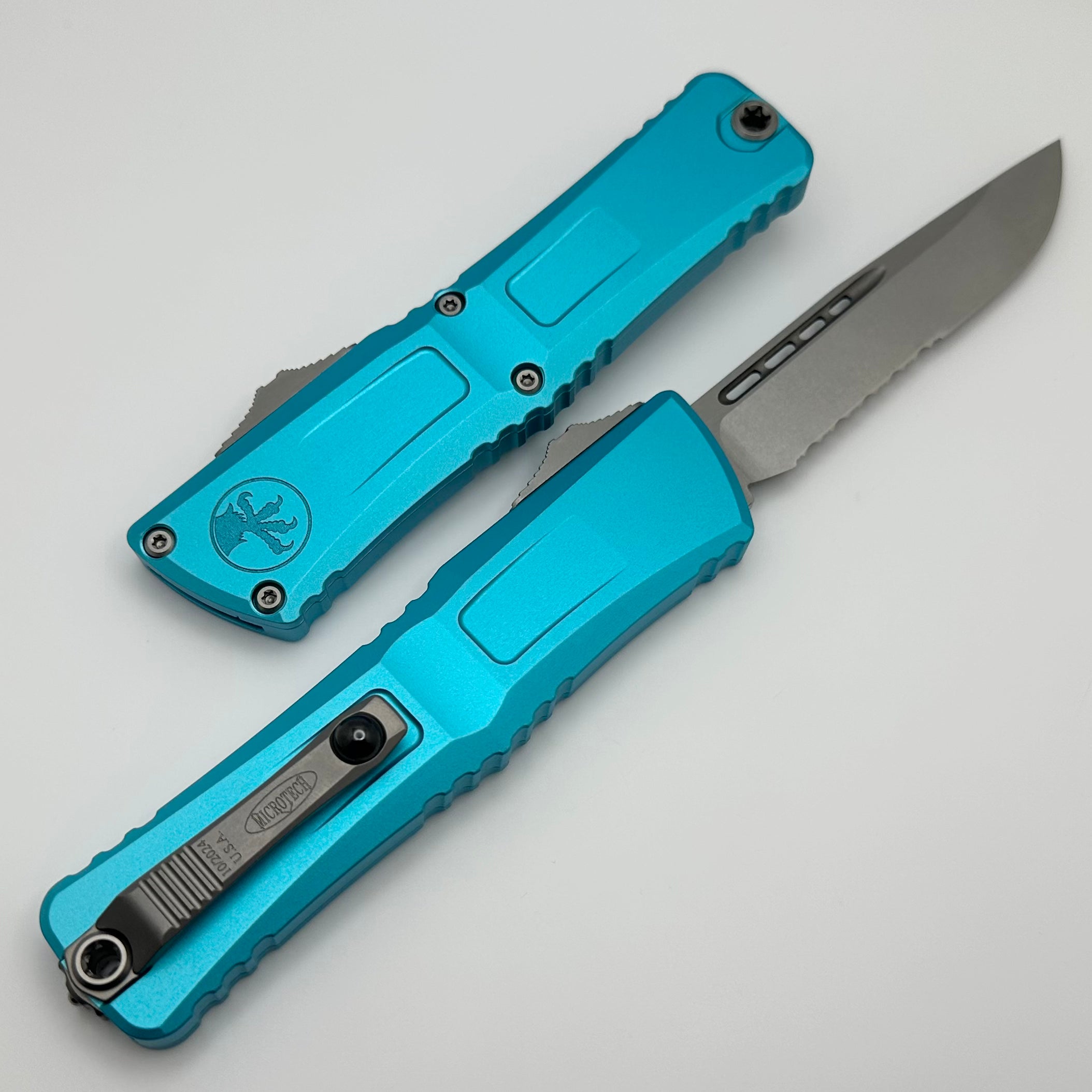 Microtech Knives Combat Troodon Gen III Stonewash Partial Serrated Single Edge w/ Turquoise Handle 1143-11TQ