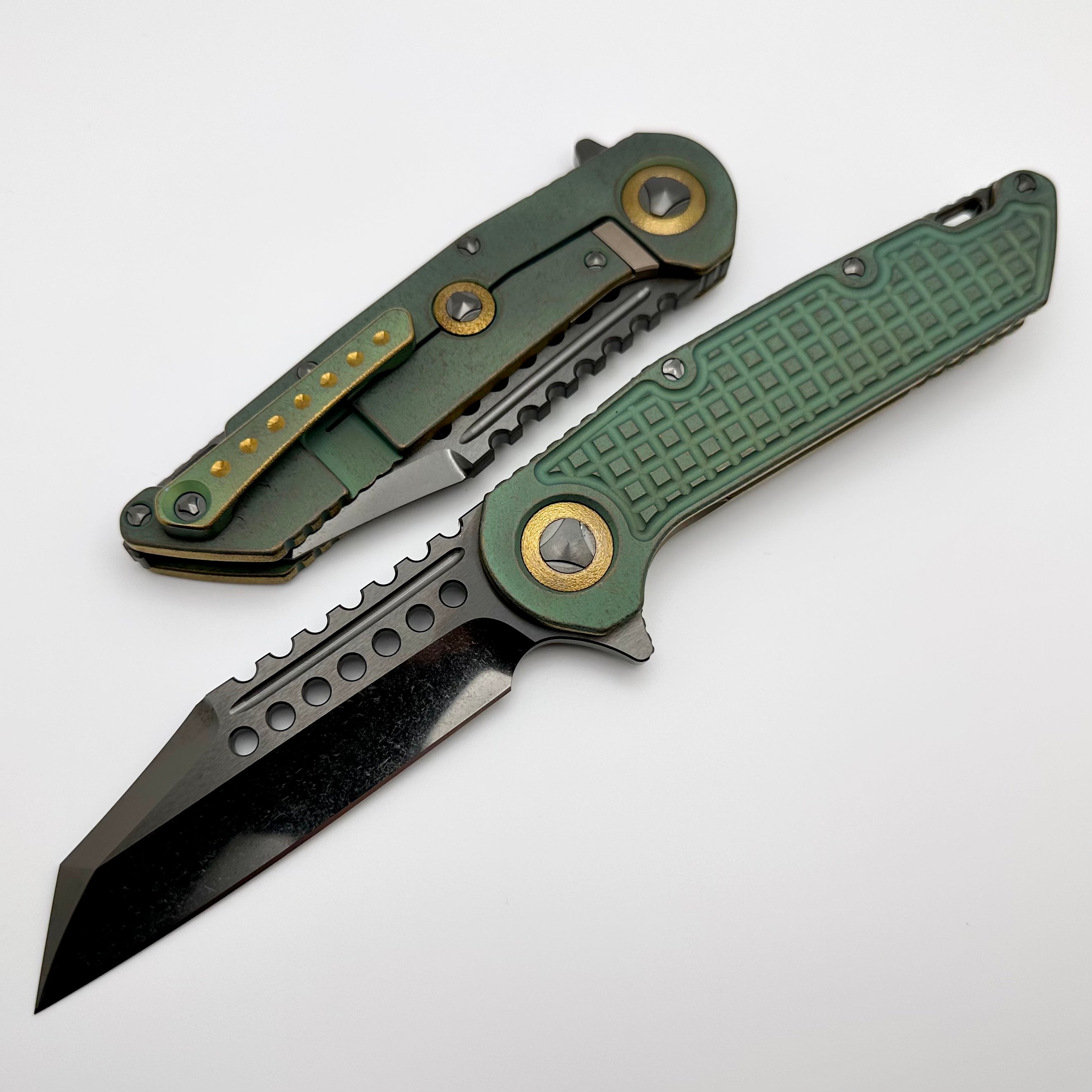 Marfione Custom Knives Warhound DLC Two Tone Stonewash & Antique Green Frag Titanium Handles w/ DLC Titanium Hardware