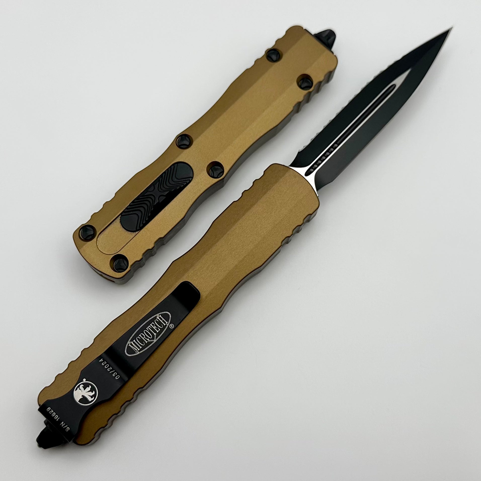 Microtech Dirac Double Edge Black Full Serrated & Tan 225-3TA