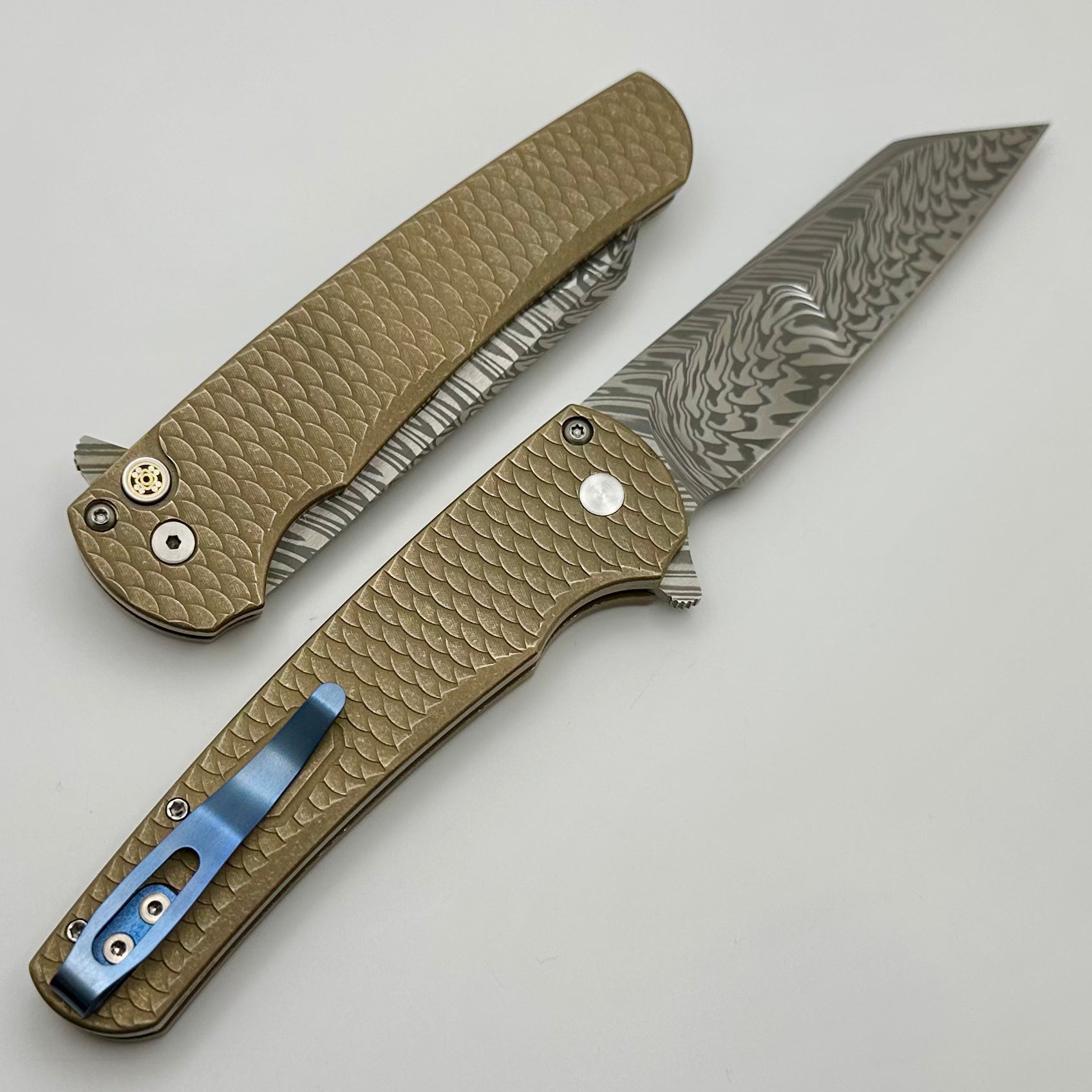 Pro-Tech Malibu Distressed AlBronze “Dragon Scale” Handle w/ Mosaic Button & Mike Irie Hand Ground Damasteel Reverse Tanto Blade Show Atlanta 2024