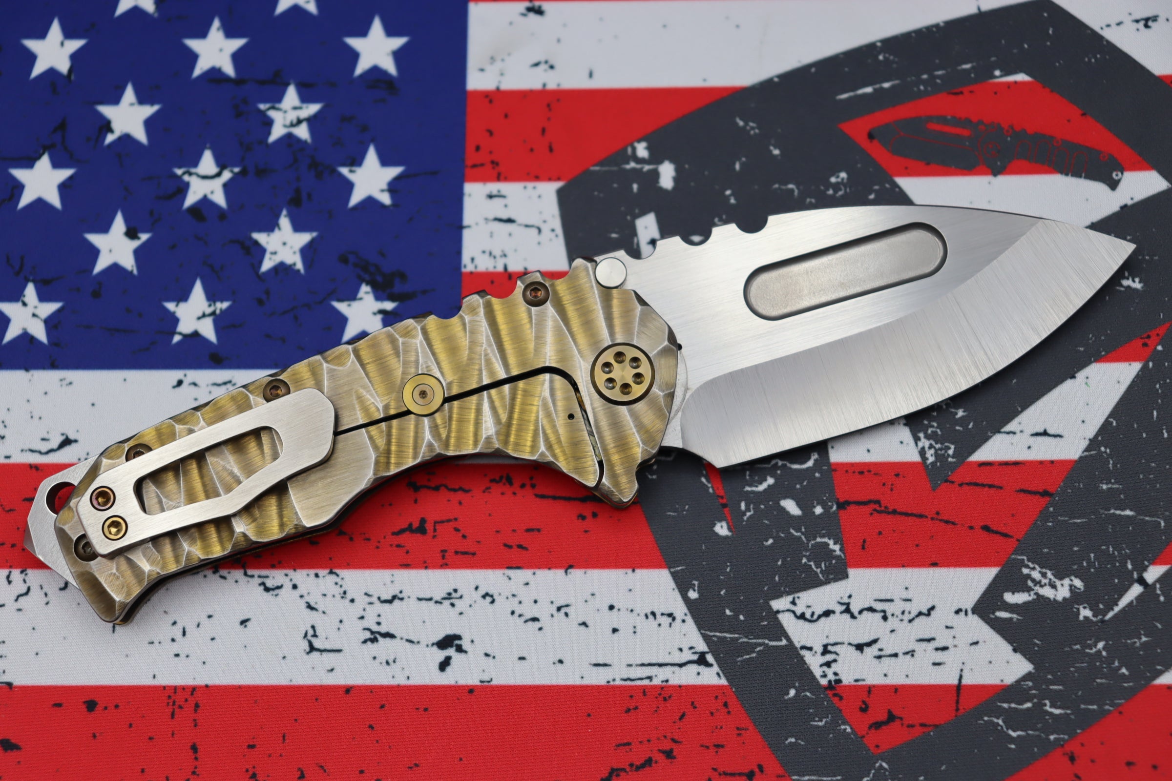 Medford Knife Praetorian T Drop Point Satin S35 & Bronze w/ Brushed Silver Predator Sculpted Handles & Bronze Hardware/Clip