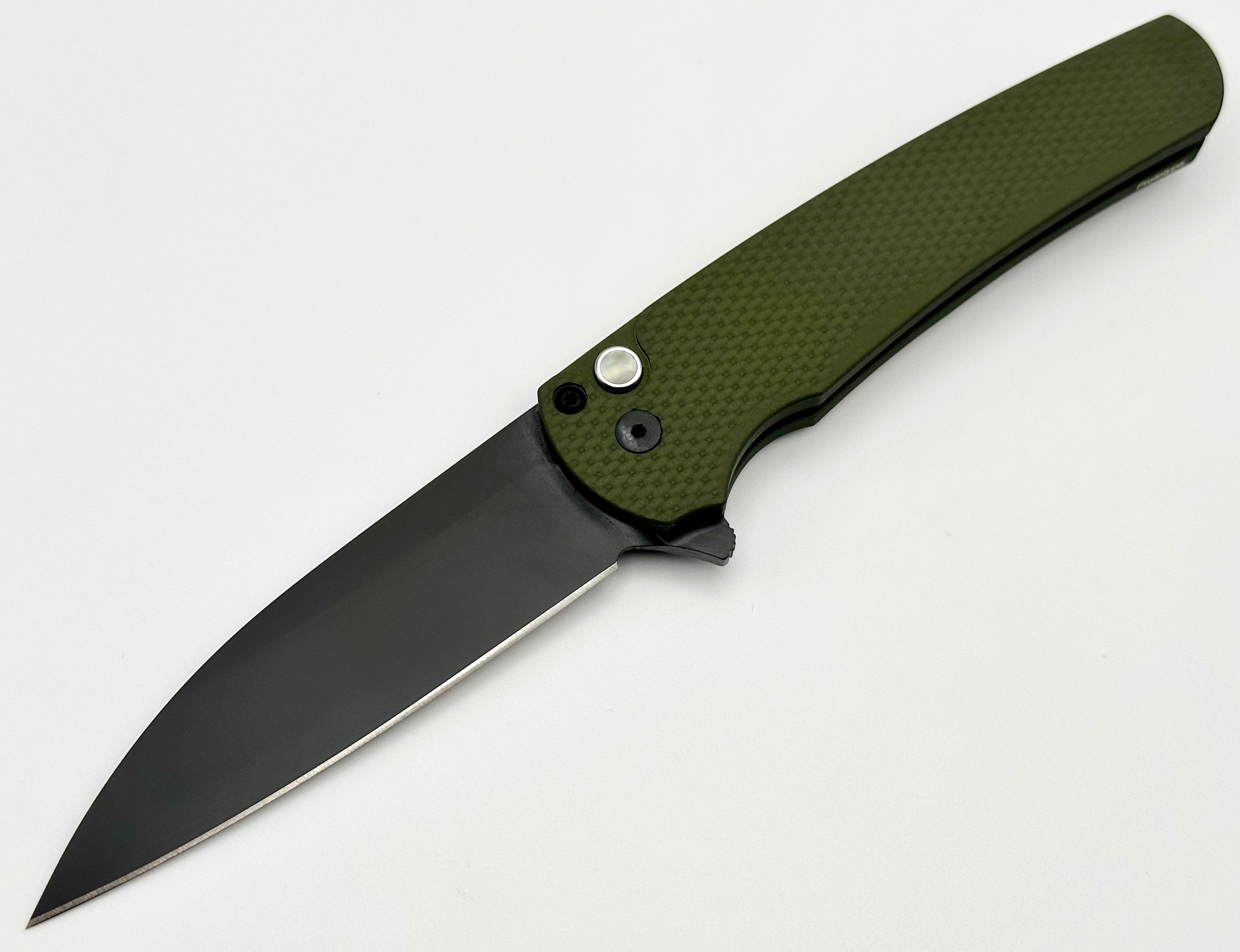 Pro-Tech Malibu 2023 Texas Blade Show Prototype Textured Green Handle & DLC MagnaCut Blade