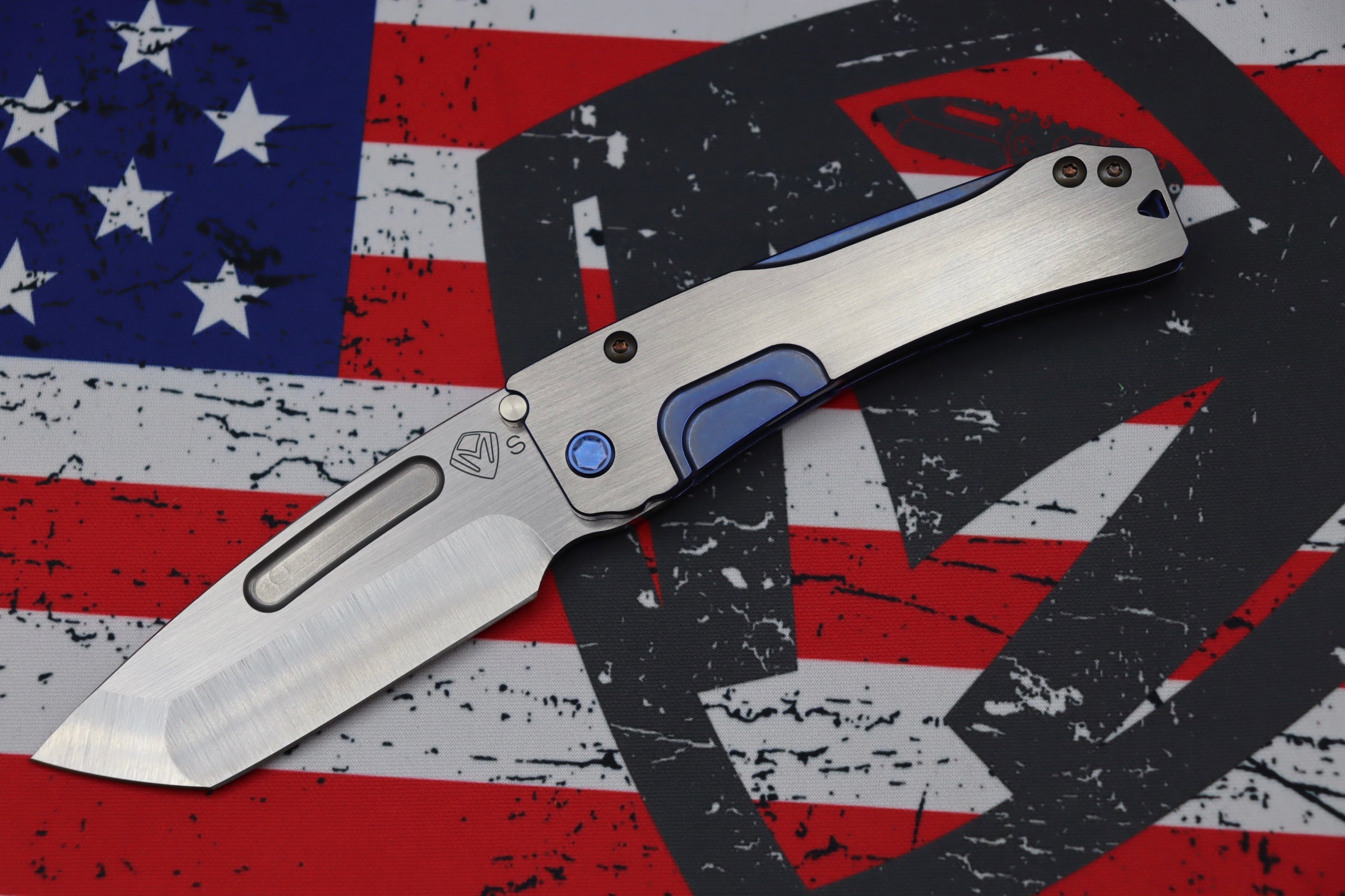 Medford Knife Slim Midi Tumbled Tanto S35 w/ Blue Faced/Silver Flats Handles & Blue Hardware/Clip