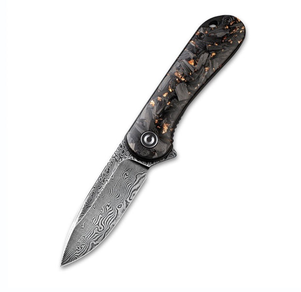 Civivi Elementum Flipper Knife - Shredded Carbon Fiber And Copper Shred Shred In Clear Resin Contoured Handle (2.96 Black Hand Rubbed Damascus) C 907C-DS3