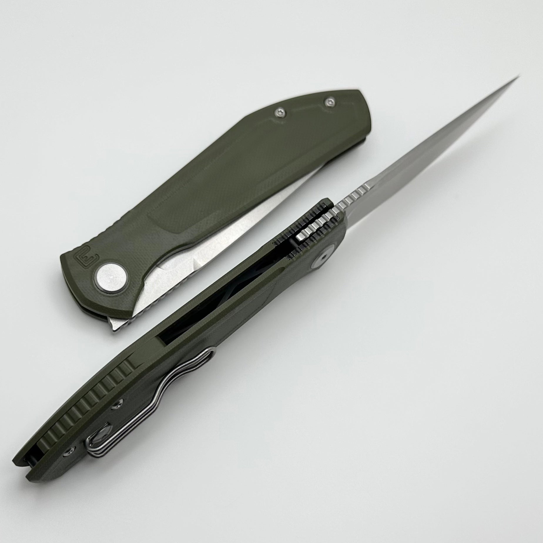 Custom Knife Factory - Echo Splinter Front Flipper w/ Green G-10 & Stonewash CPM-S35VN