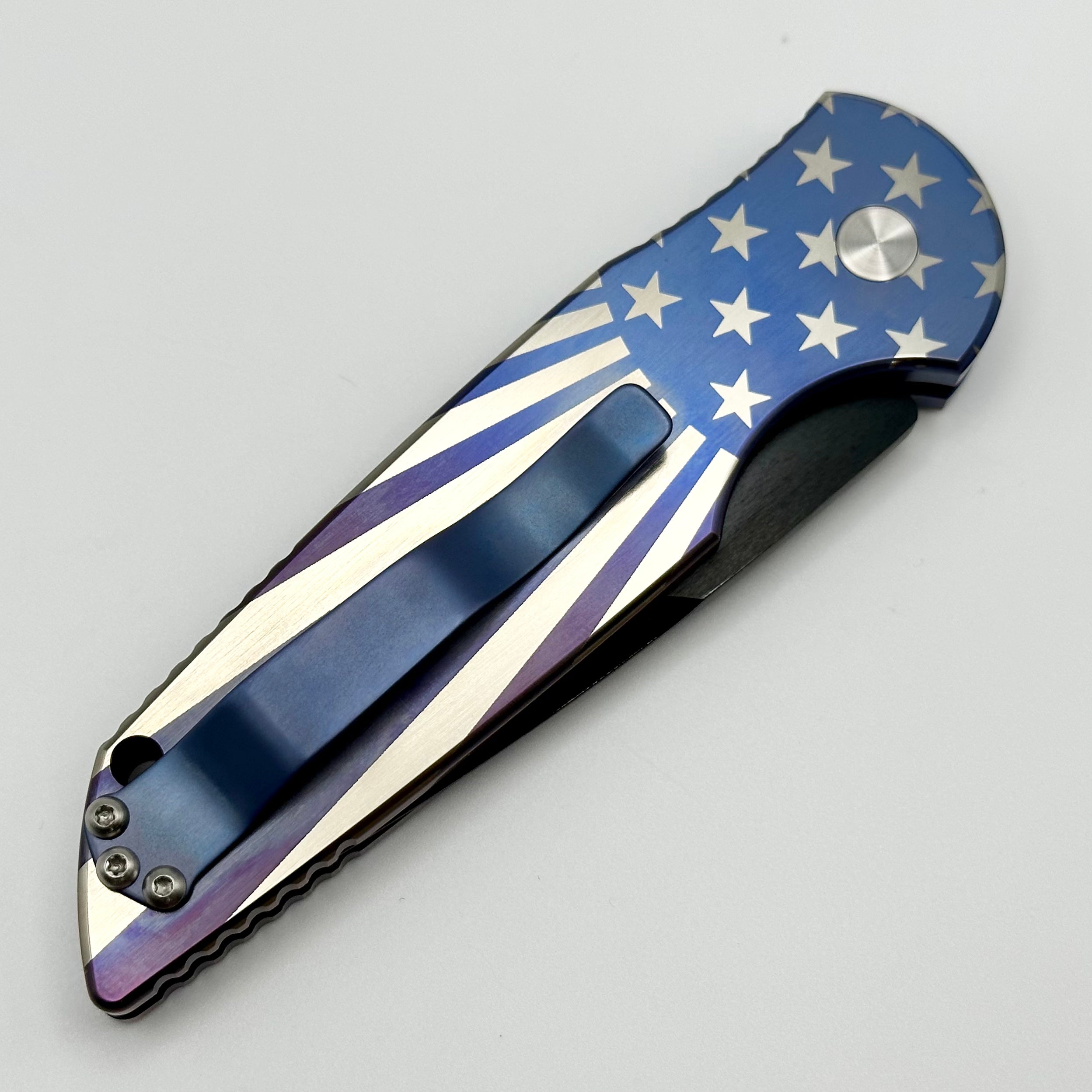 Pro-Tech TR-3 Patriotic Theme Titanium w/ Pearl Button & DLC Compound Grind Mike Irie Blade TR-3.007 Custom