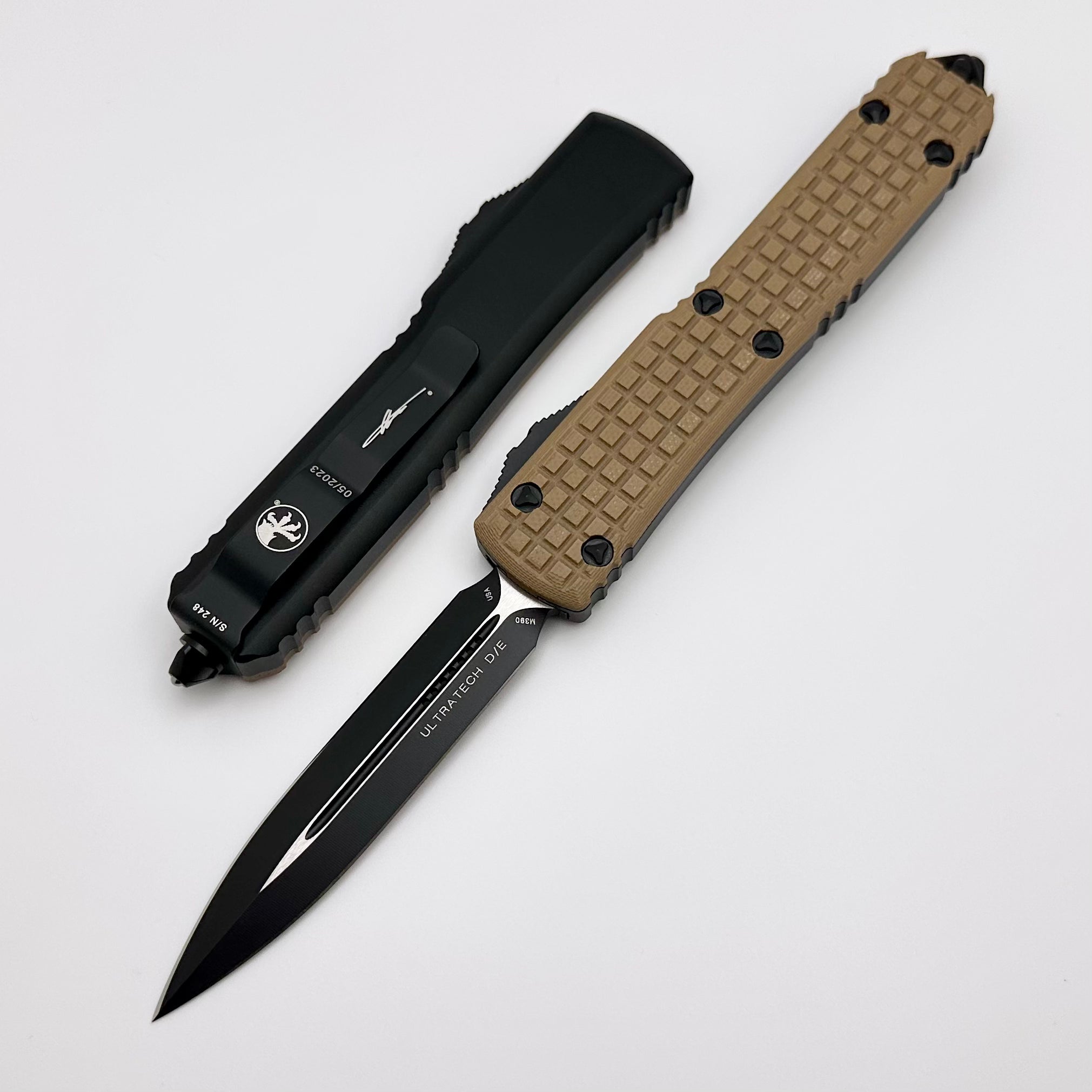 Microtech Ultratech Tan Frag G-10 Top Tactical Standard & Double Edge Signature Series 122-1FRGTTAS