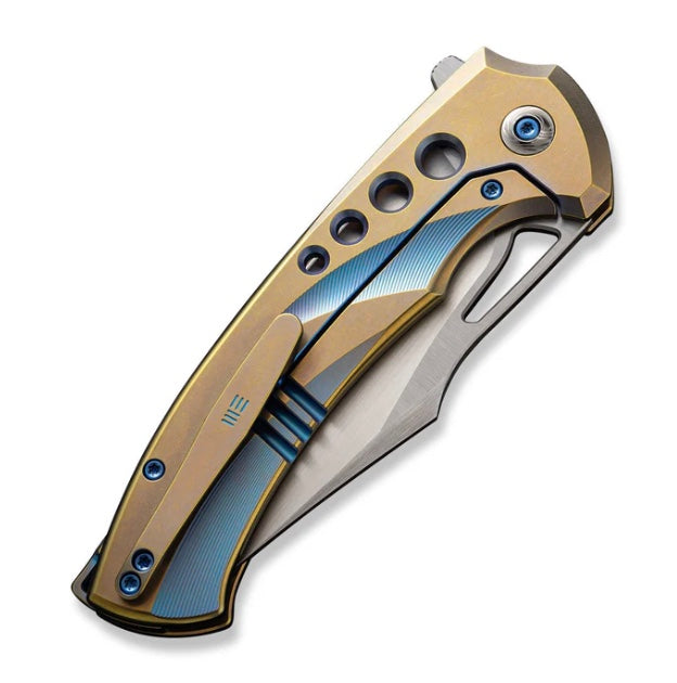 We Knife Swiftfin Golden/Blue Titanium Handles w/ Blue Holes & Hand Satin 20CV WE23051-4