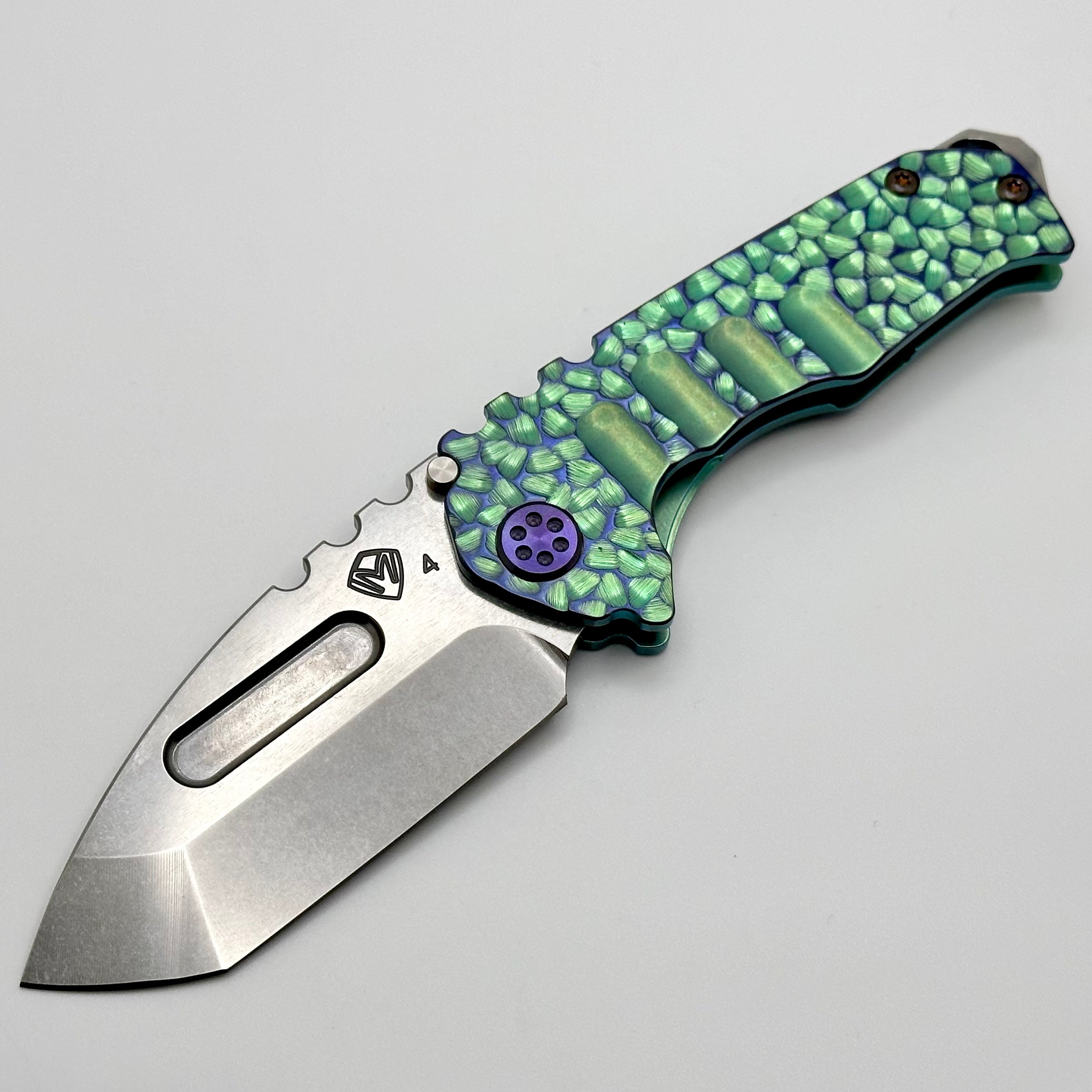 Medford Praetorian Genesis T Ecto Green Peaks & Valleys Hulk Handles w/ Violet Hardware/Clip & S45VN Tumbled Tanto