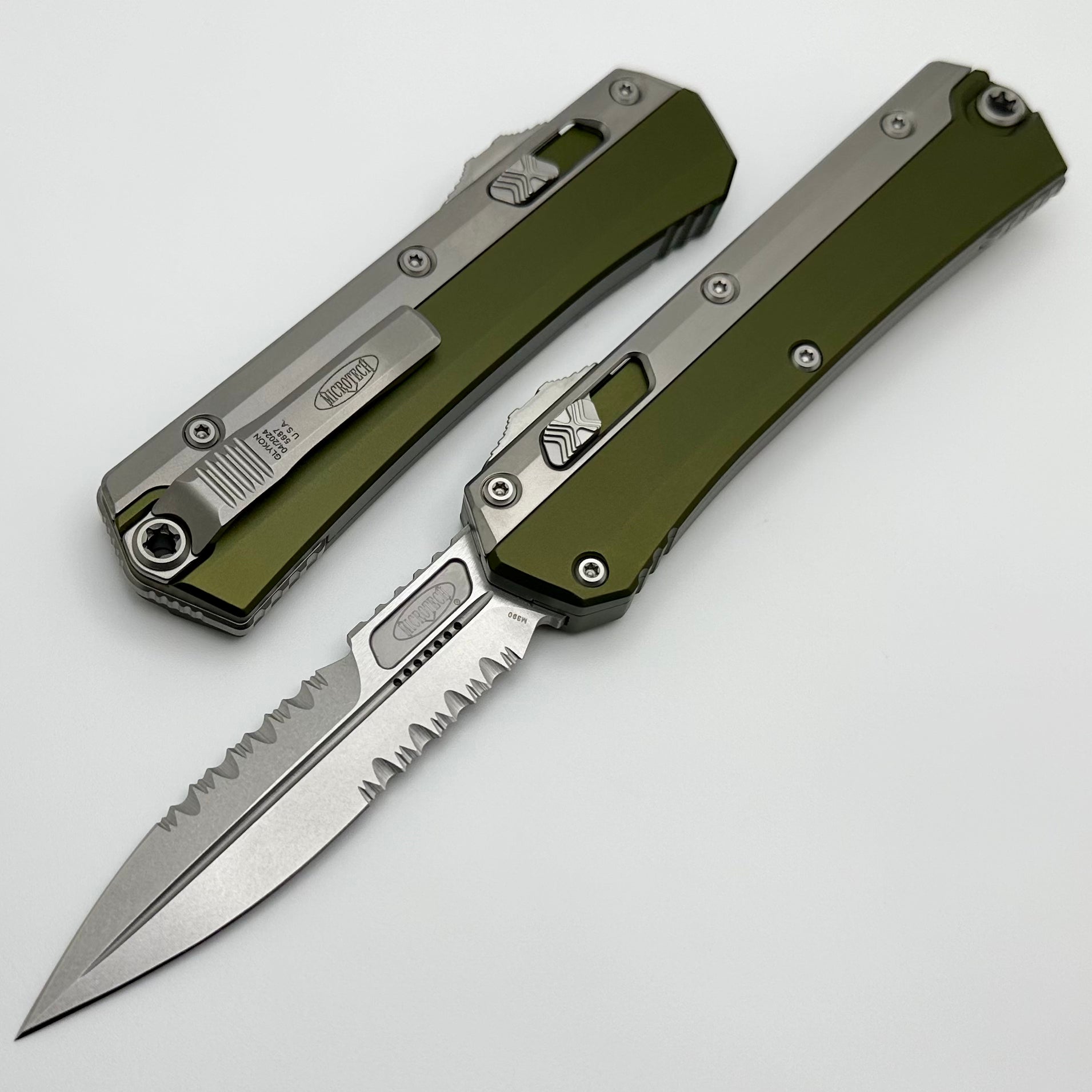 Microtech Glykon Stonewash Full Serrated Bayonet w/ Stonewash Overlay & OD Green Handle 184-12OD