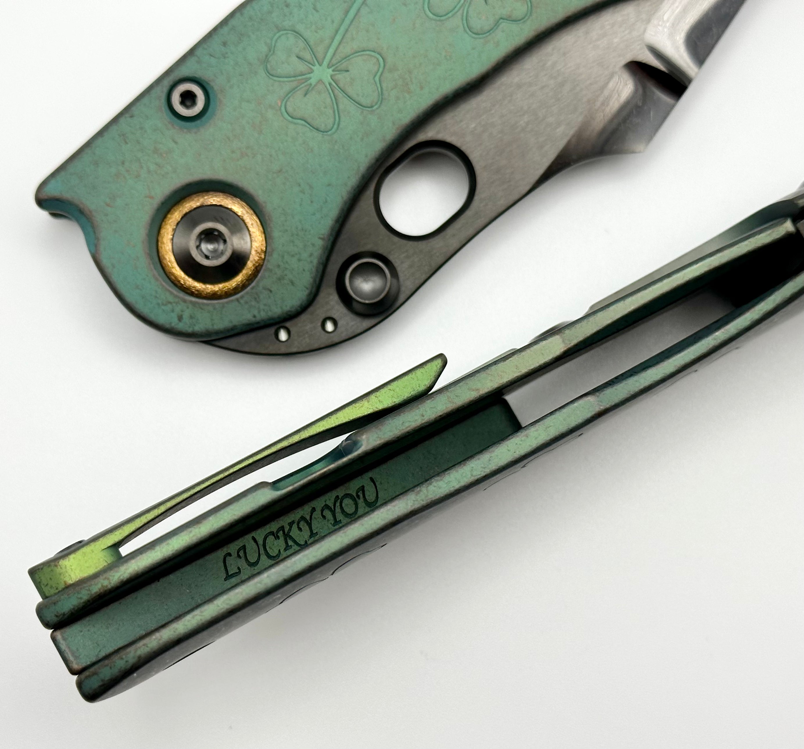 Marfione Custom Knives & Borka Blades Antique Green Lucky Stitch Trit Inlaid w/ DLC Cracked Diamond Wash Double Star Grind M390 & Antique Green Engraved Titanium