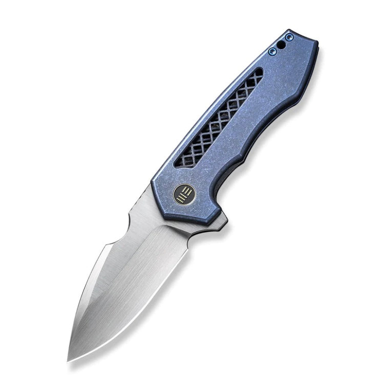 We Knife Harpen Flipper Blue Milled Titanium Handles & Hand Rubbed Satin CPM-20CV Blade WE23019-2