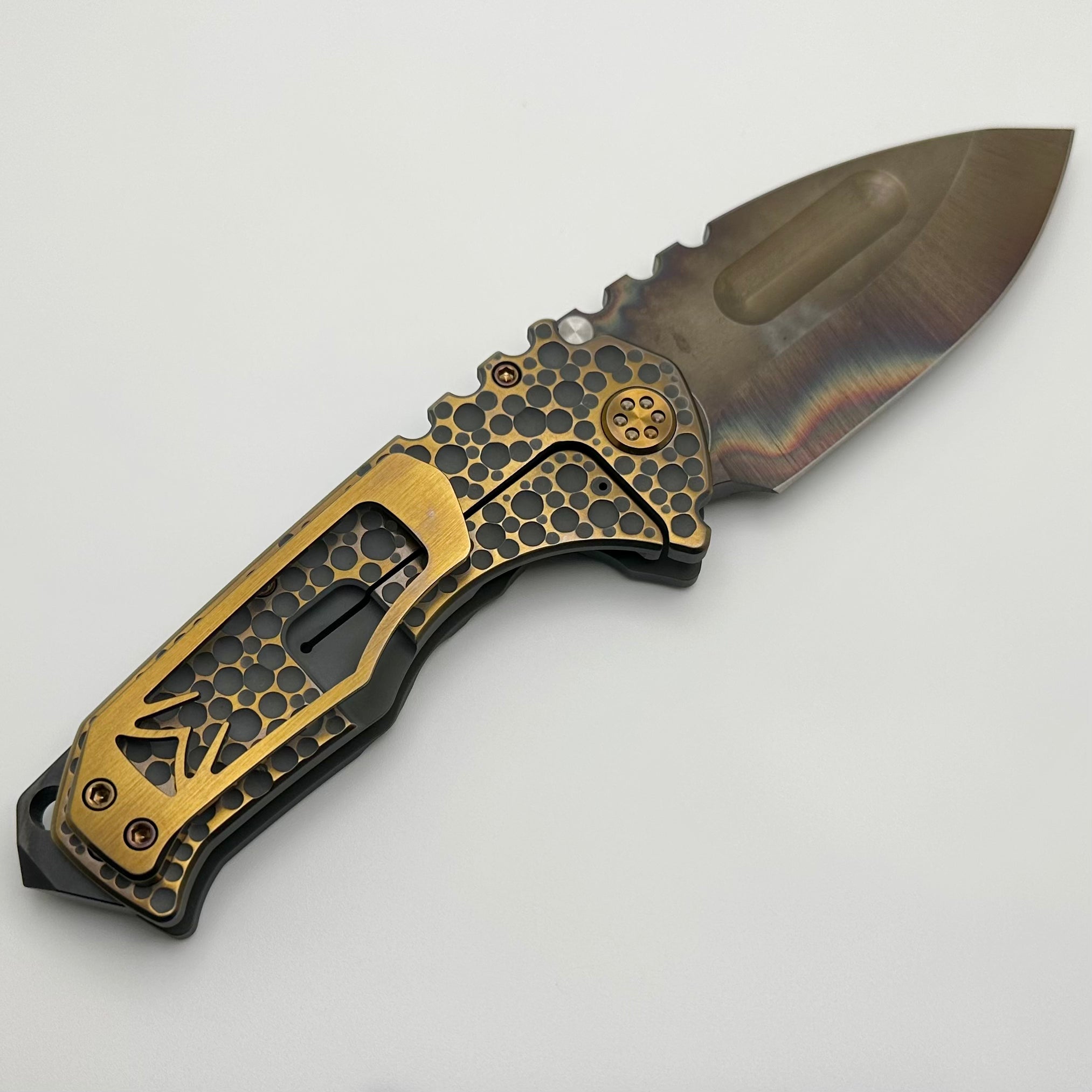 Medford Knife Praetorian TI S35 Vulcan Drop Point & Bead Blast Cement Bronze Dimples Sculpting w/ Bronze Hardware/Clip