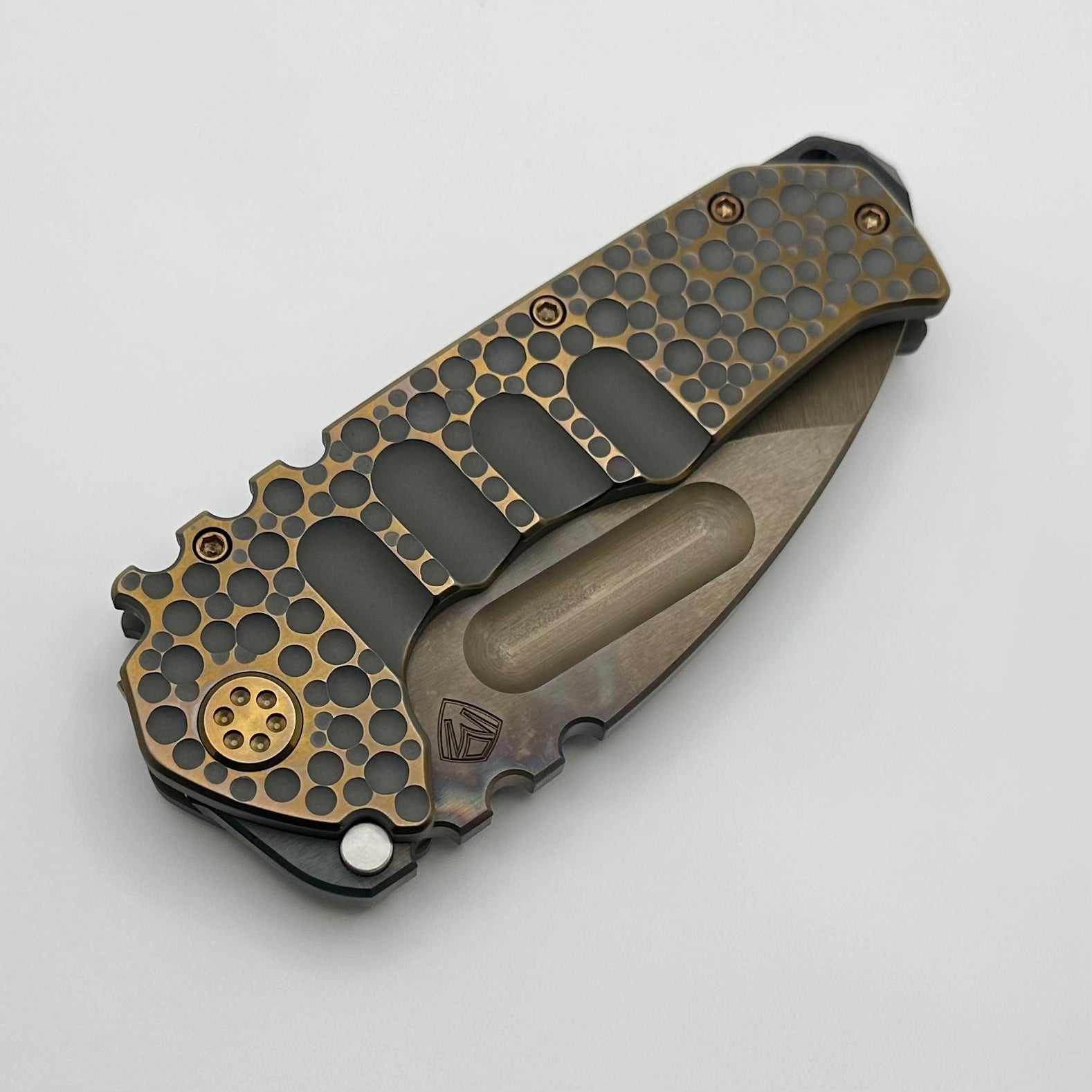 Medford Knife Praetorian TI S35 Vulcan Drop Point & Bead Blast Cement Bronze Dimples Sculpting w/ Bronze Hardware/Clip