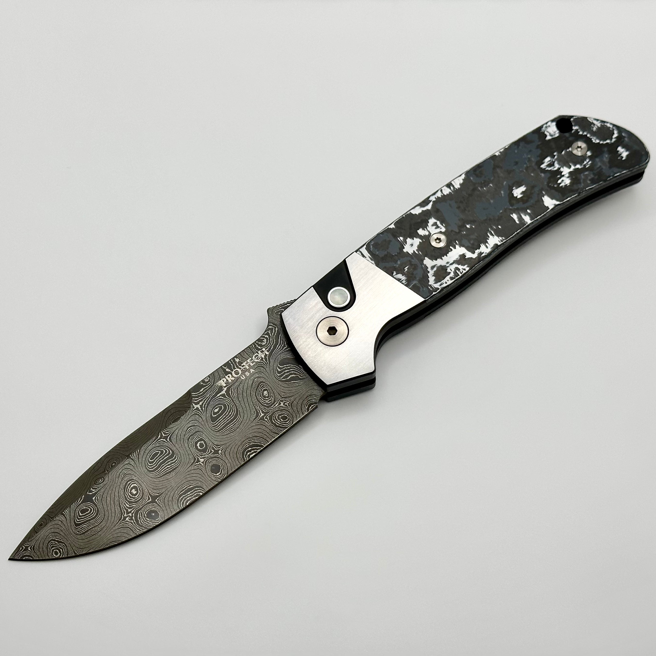 Pro-Tech ATCF Monochrome Custom Two Tone DLC 416 Steel w/ White Storm Fat Carbon Inlays & Black Lip Pearl Button w/ Chad Nichols Virus Damascus Enthusiant 2023 Edition PRE OWNED