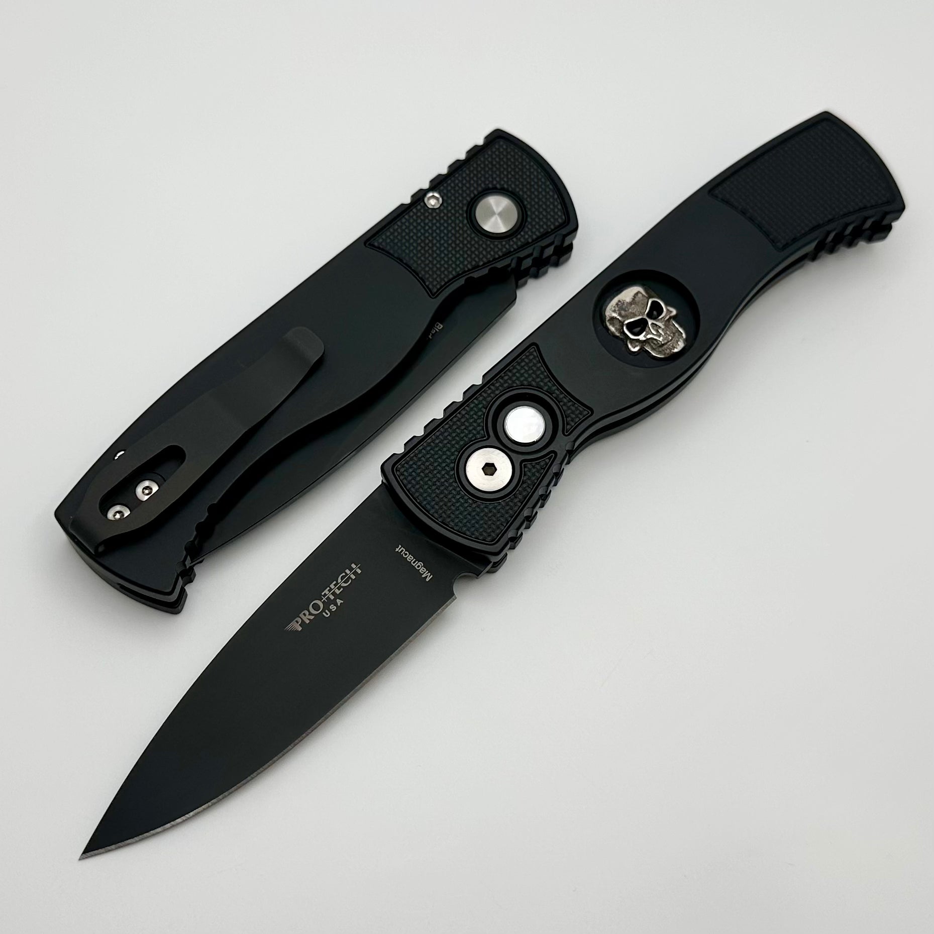 Pro-Tech TR-2 Tactical Response 2 Black w/ Textured Corners & Silver Shaw Skull w/ DLC MagnaCut Show TR-2 Skull