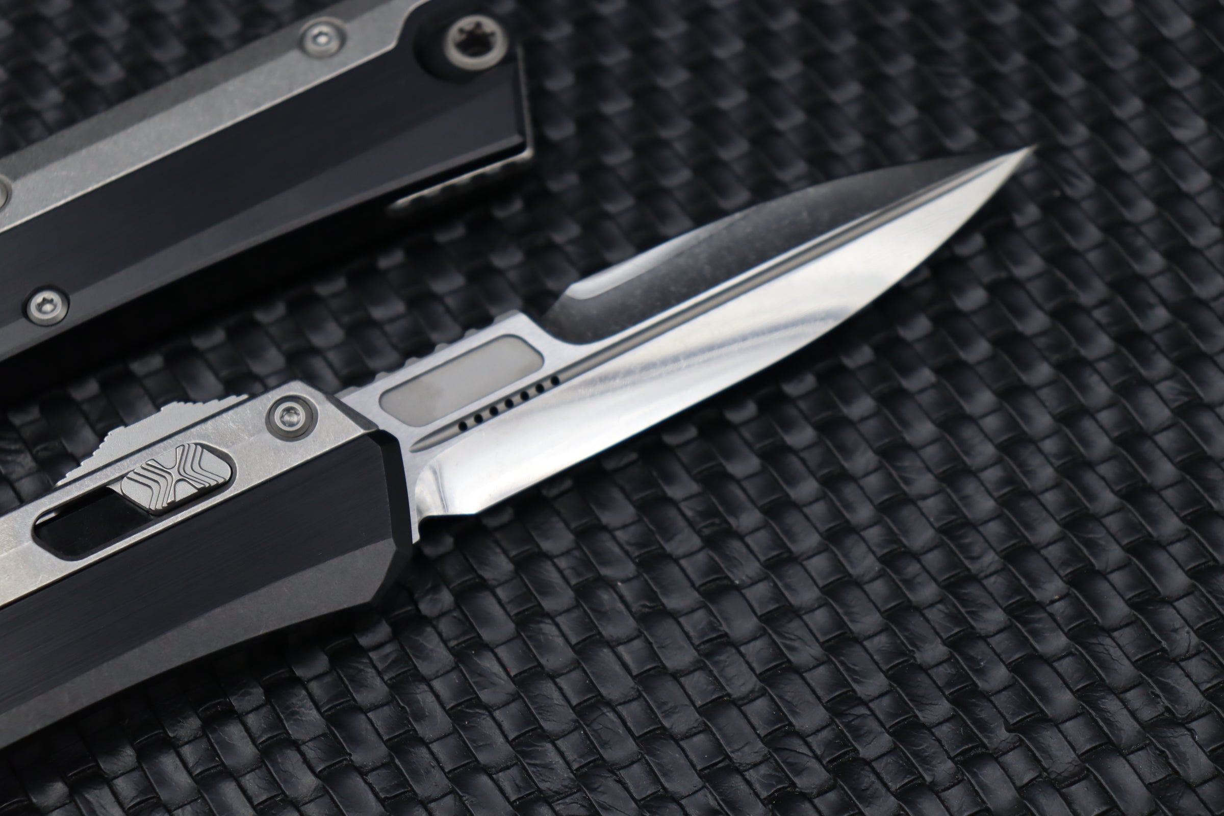 Marfione Custom Knives Glykon Two Tone Stonewash Polished Bayonet w/ Hefted Black Aluminum Handle & Ti Accents