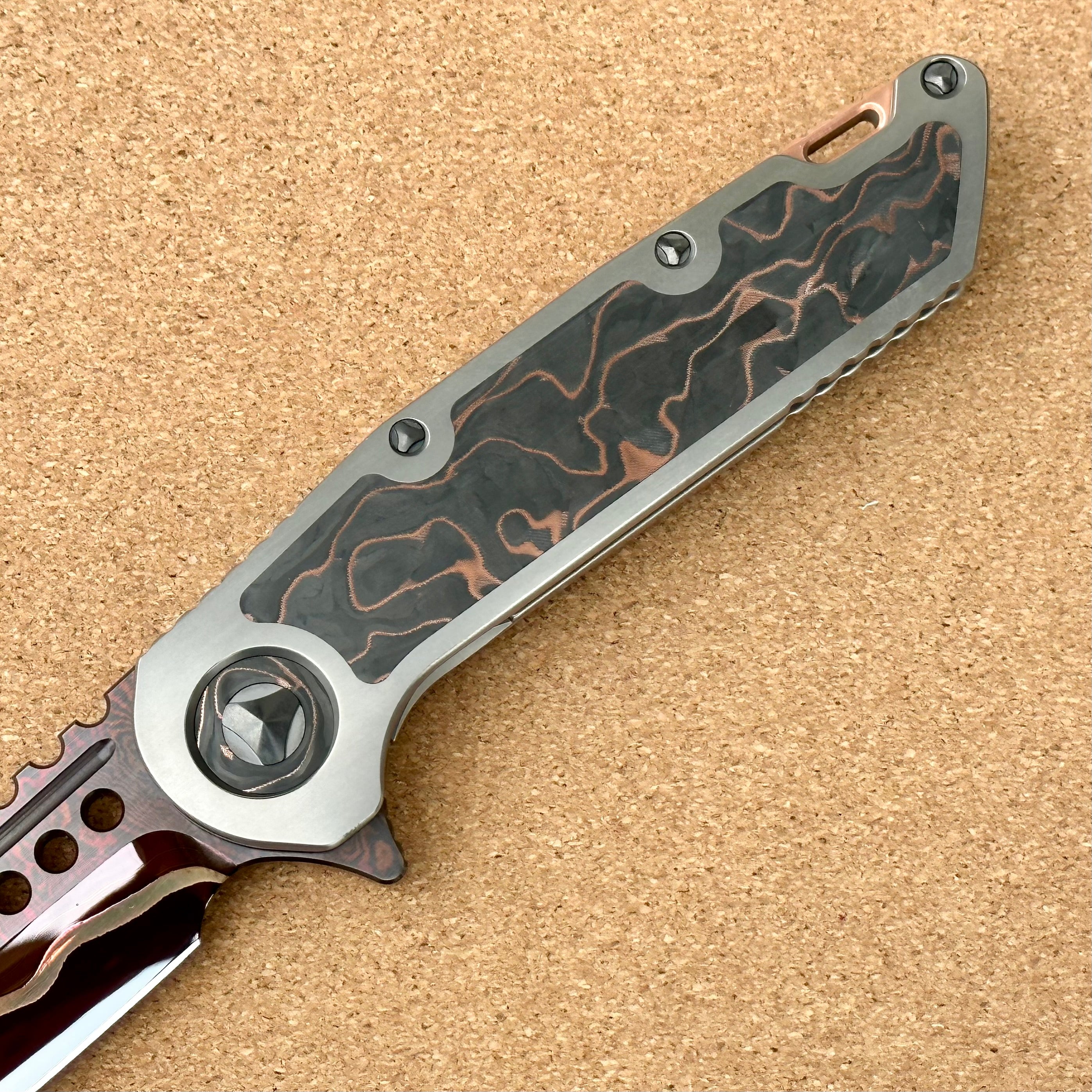 Marfione Custom Knives Warhound Sunset GoMai Baker Forge Damascus w/ Titanium & Protech Composites Copper CF Inlay