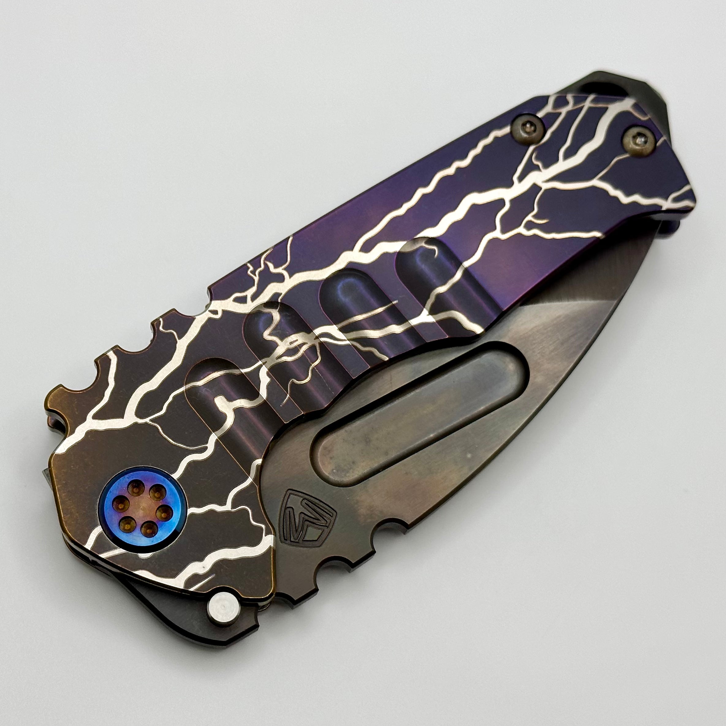 Medford Praetorian Genesis T Lightning Strike Engraved Bronze/Violet Handles w/ Flamed Hardware/Clip & S45VN Vulcan Drop Point