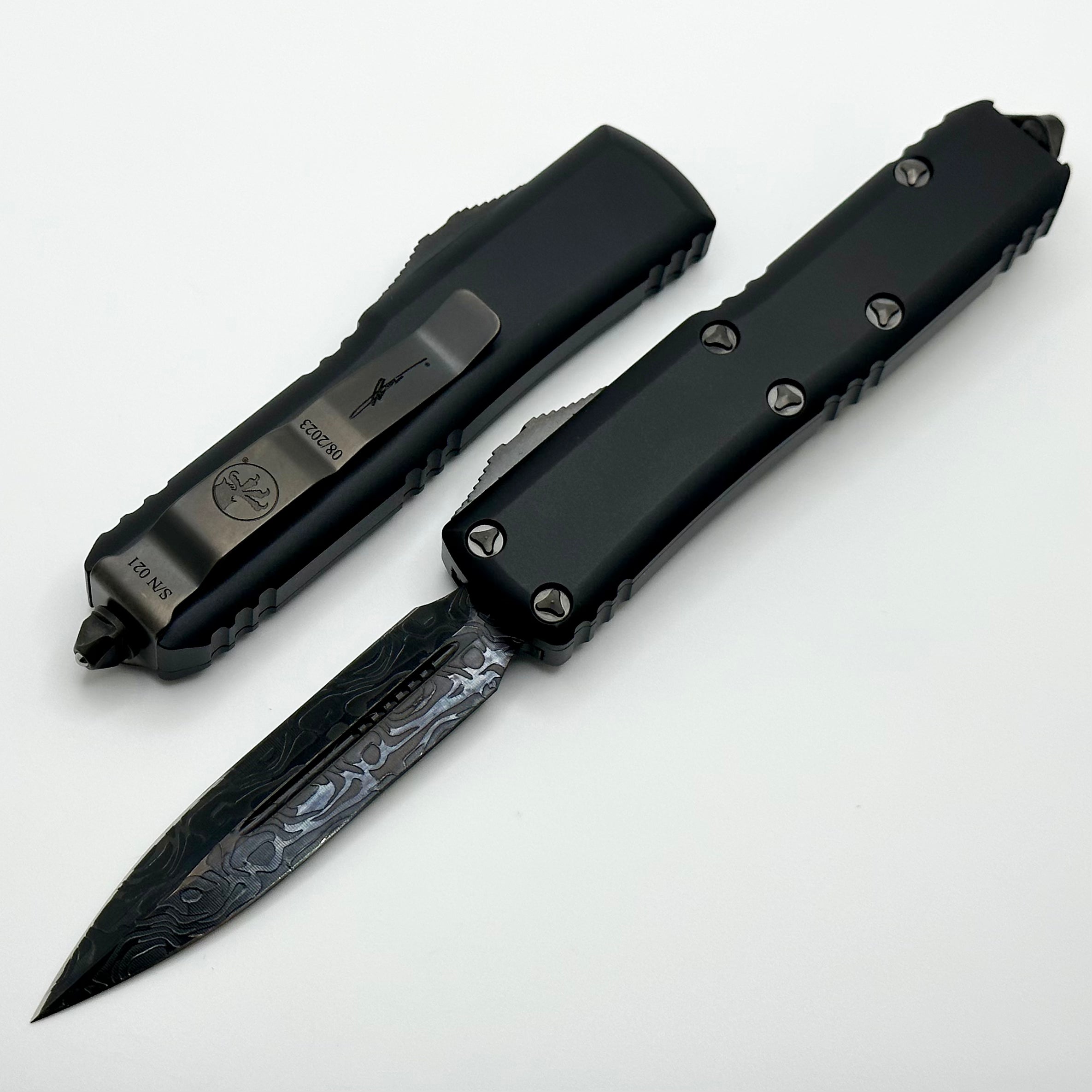 Microtech UTX-85 Double Edge DLC Damascus Pattern #1 Shadow Signature Series 232-16DLCTSH